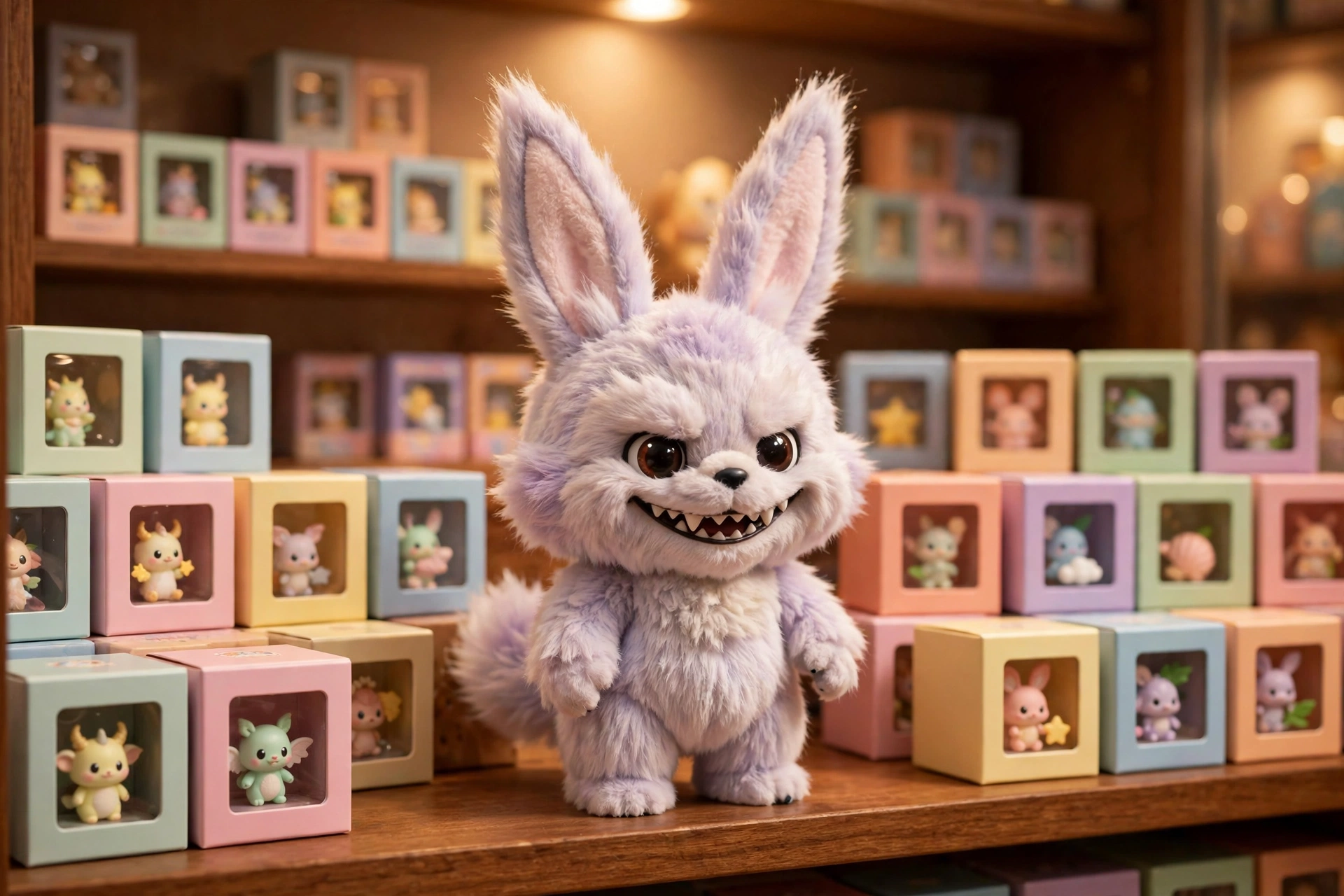 Juguete Labubu con orejas puntiagudas en una estantería de colección
