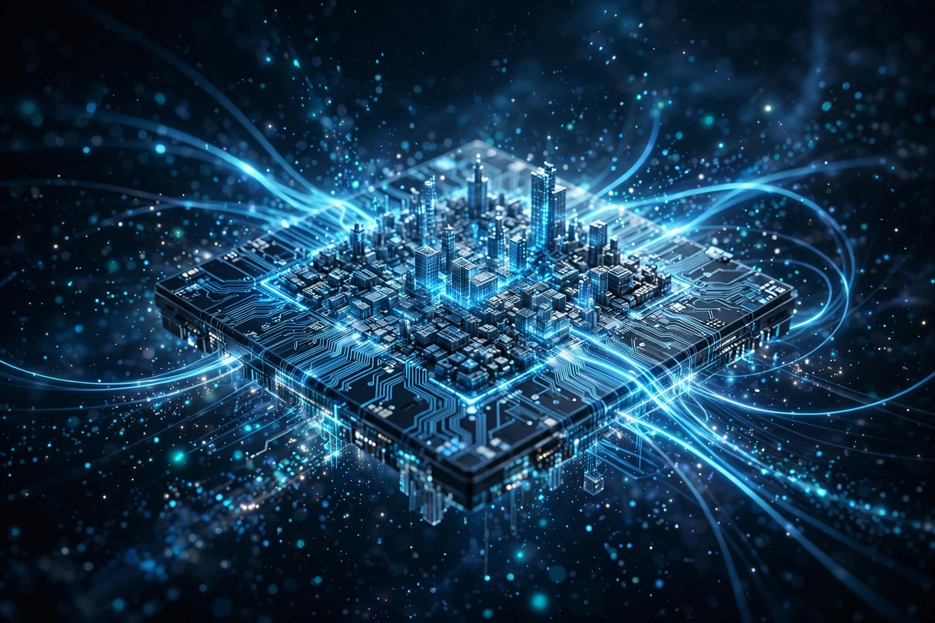 Ilustración de un chip futurista con circuitos de luz azul
