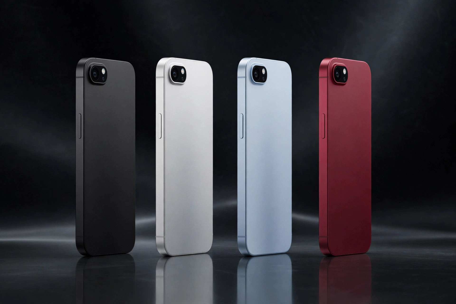 Cuatro iPhone en fila con los colores negro, plata, azul glacial y burdeos
