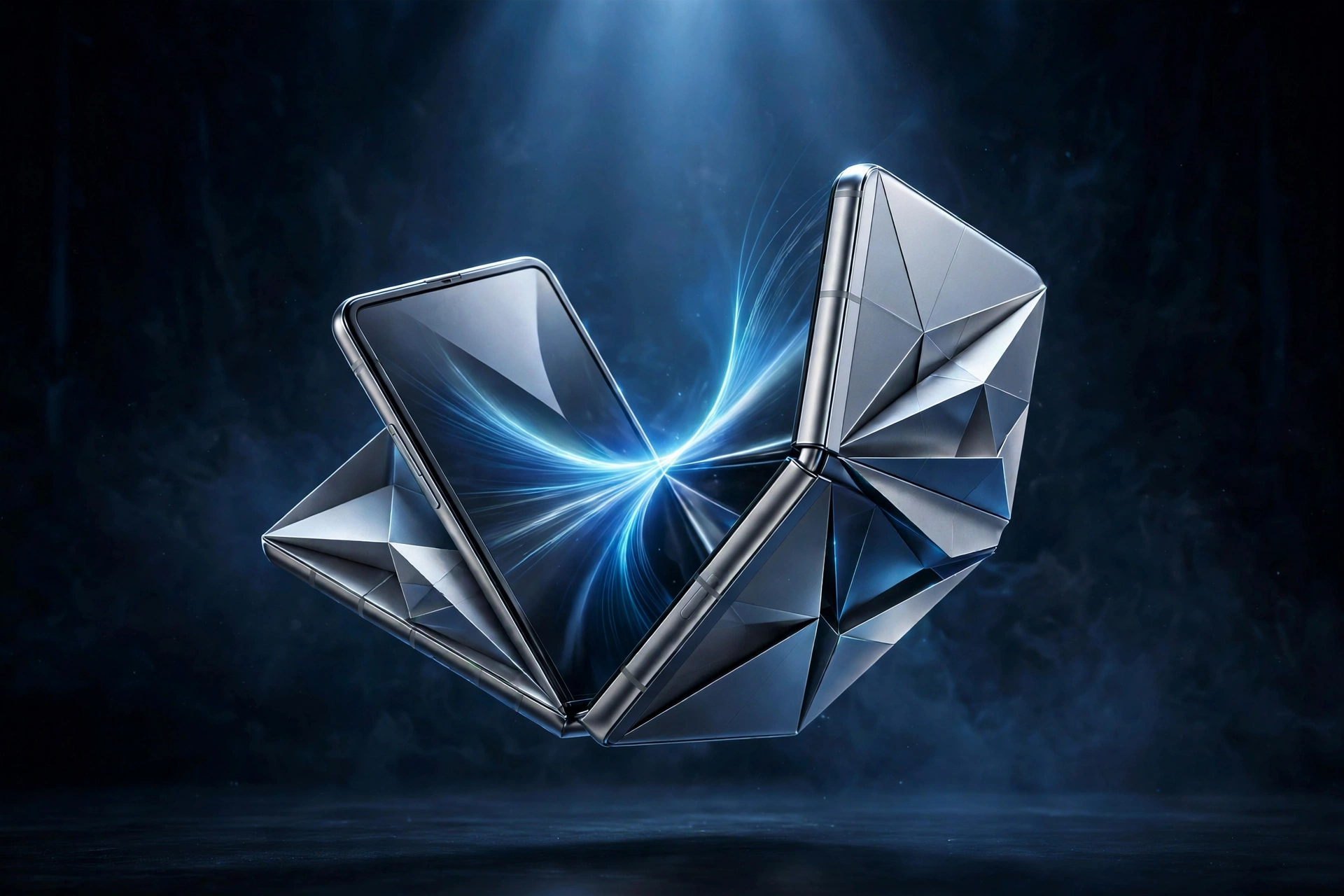 iPhone plegable abriéndose como origami sobre un escenario oscuro