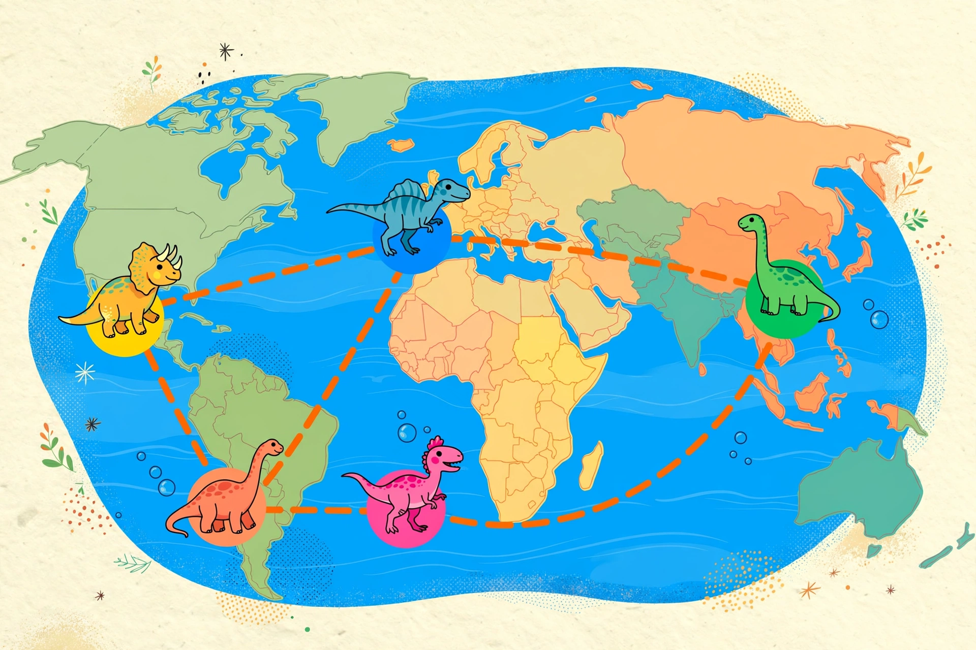 Mapa ilustrado con los descubrimientos de dinosaurios de 2026 en el mundo