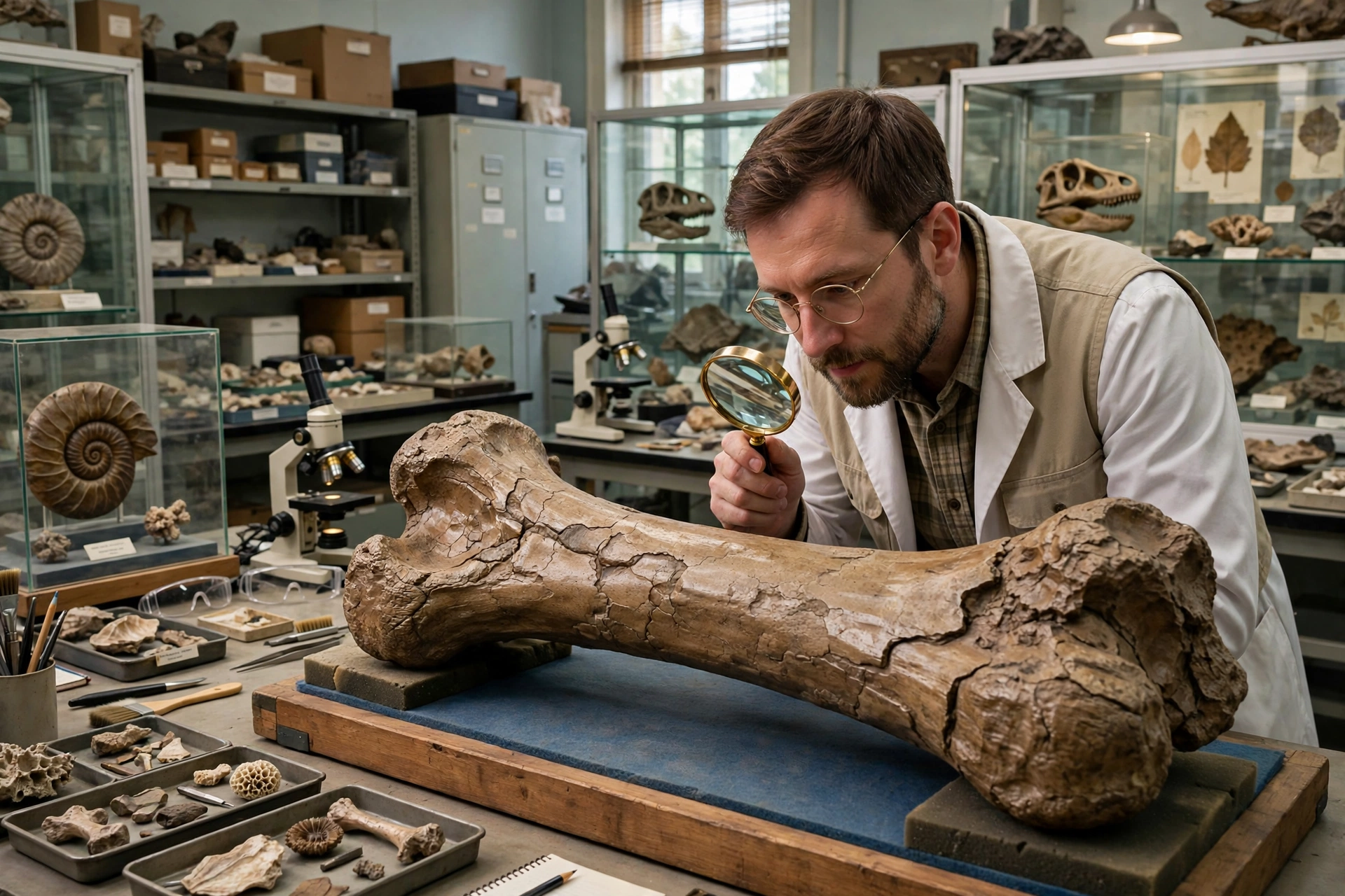 Paleontólogo examinando un fémur fósil gigante de dinosaurio