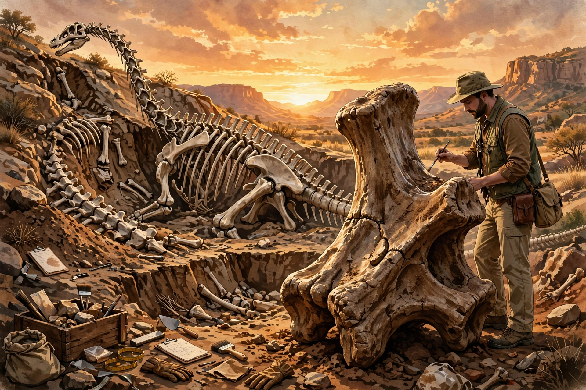 Esqueleto de diplodocus en una excavación paleontológica al atardecer