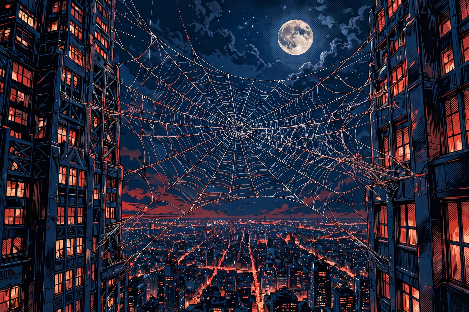 Telaraña gigante entre rascacielos de una ciudad de noche