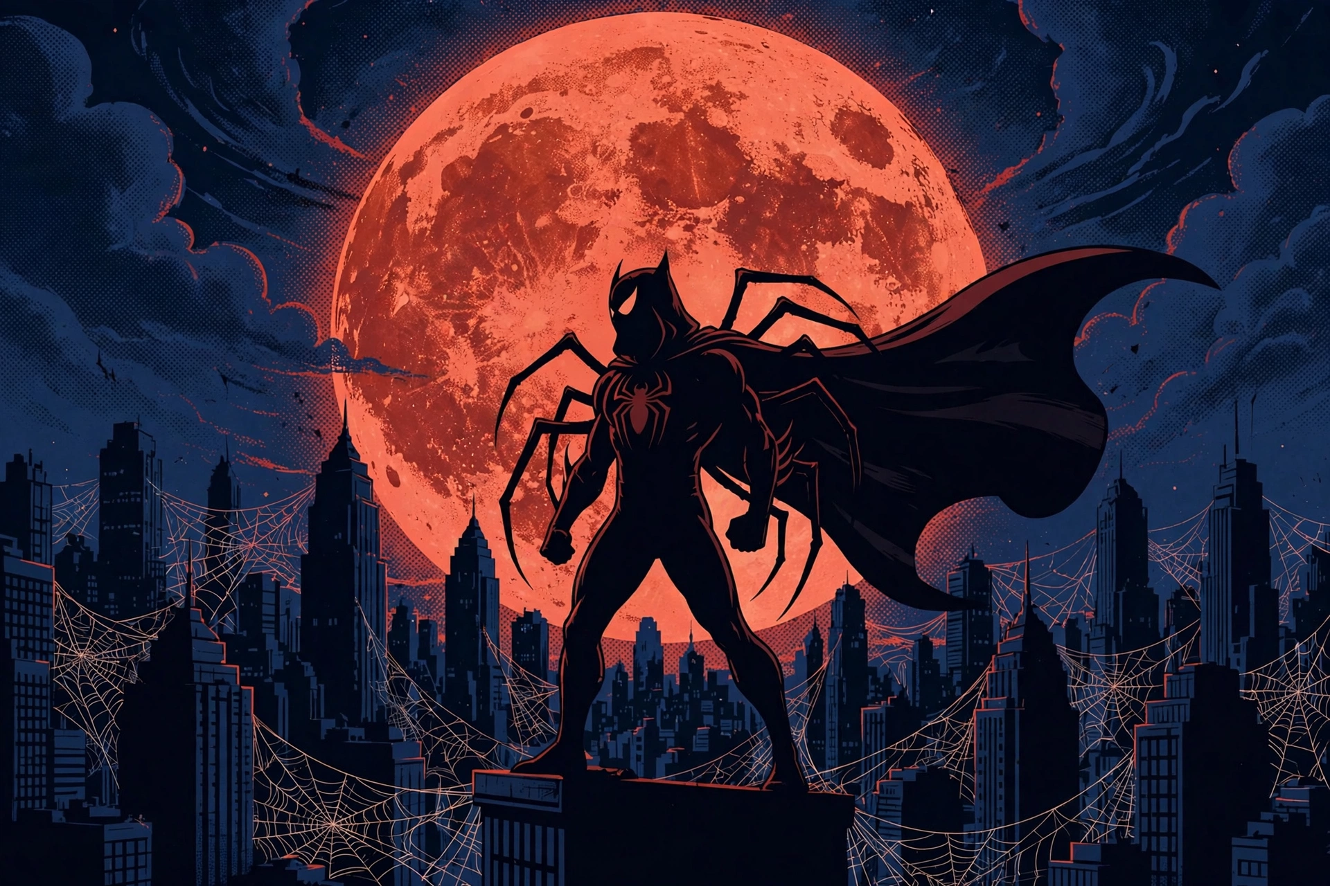 Silueta de superhéroe arácnido sobre una ciudad de noche con luna llena