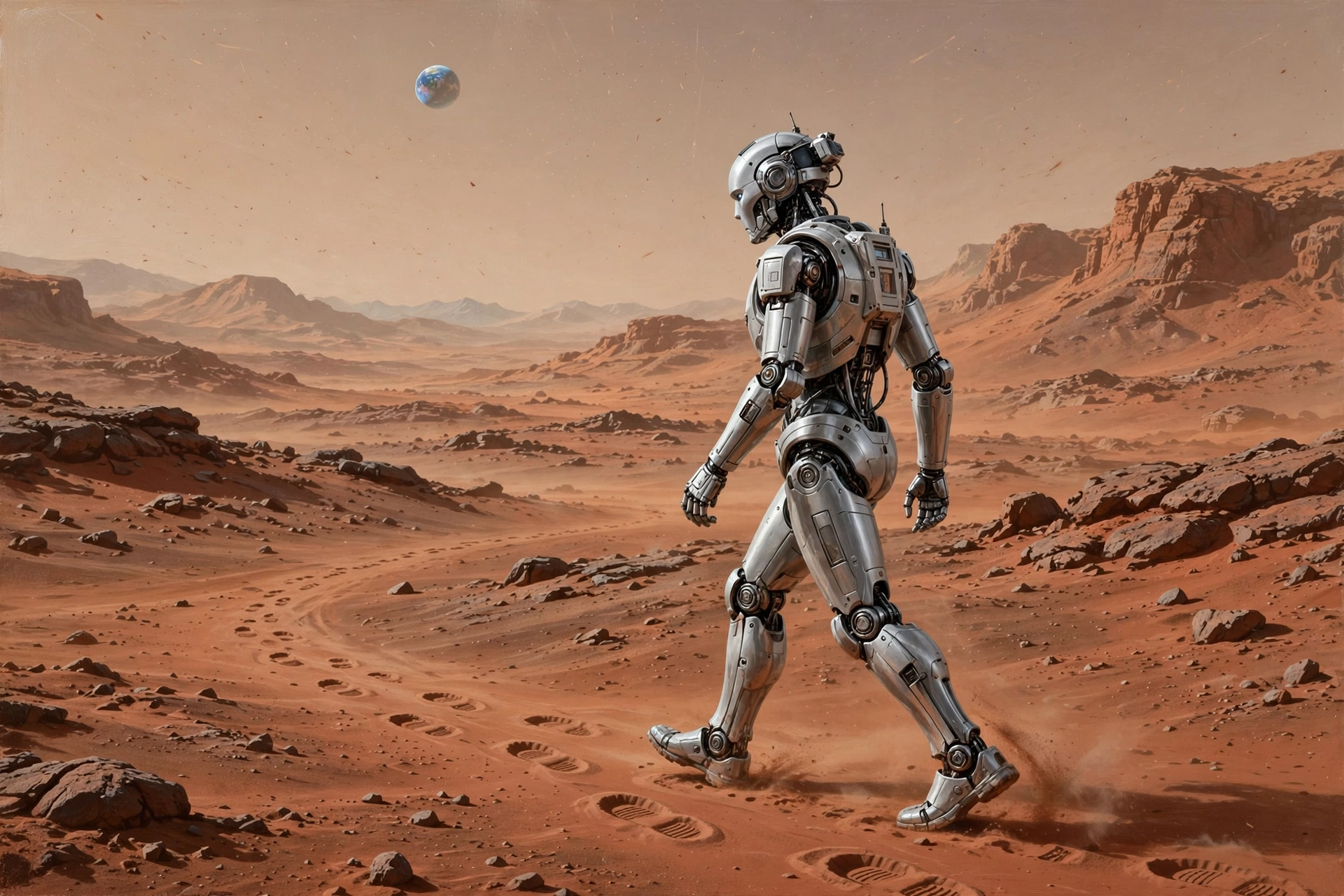 Robot humanoide en la superficie de Marte con la Tierra en el cielo