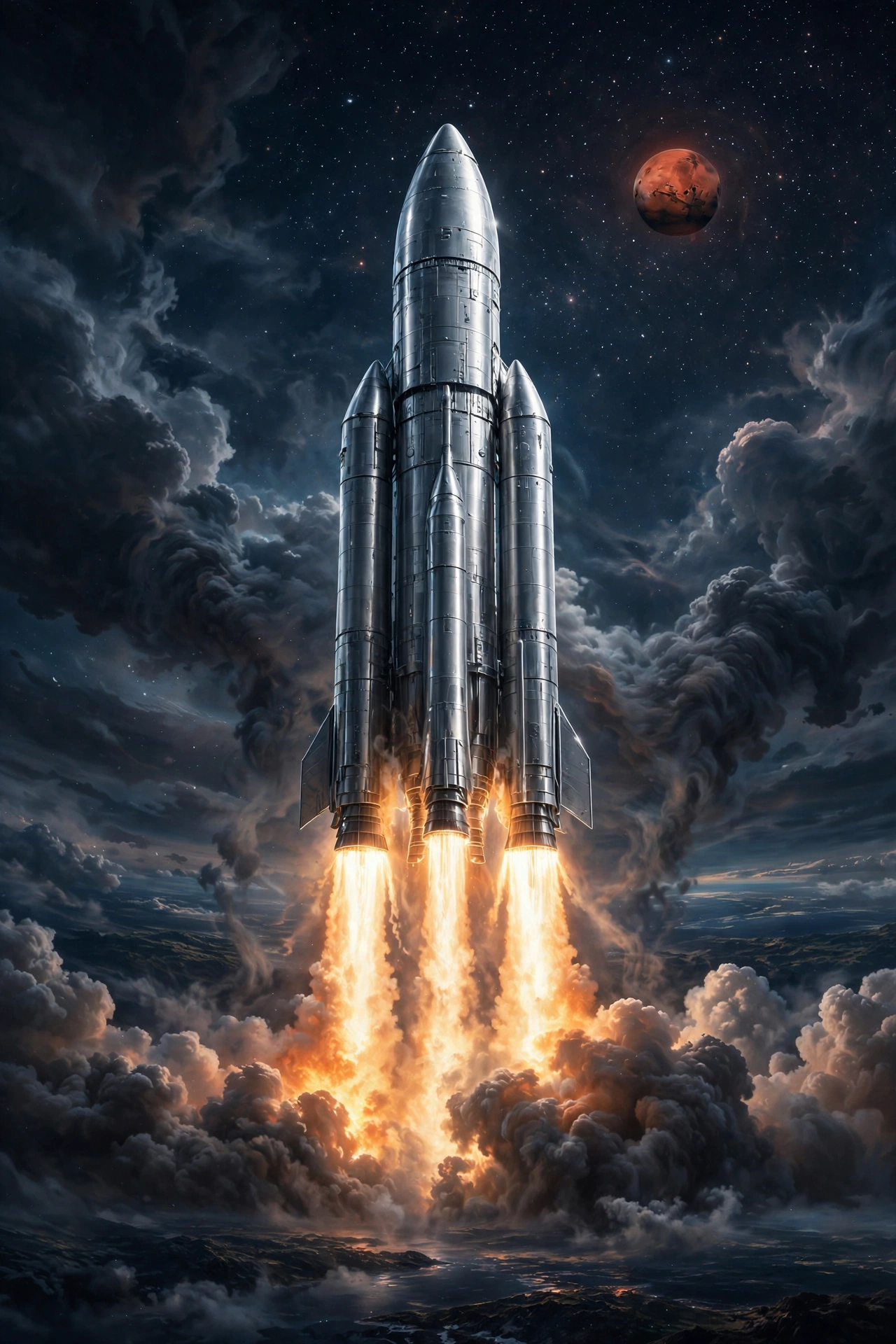 Cohete gigante despegando hacia el planeta Marte