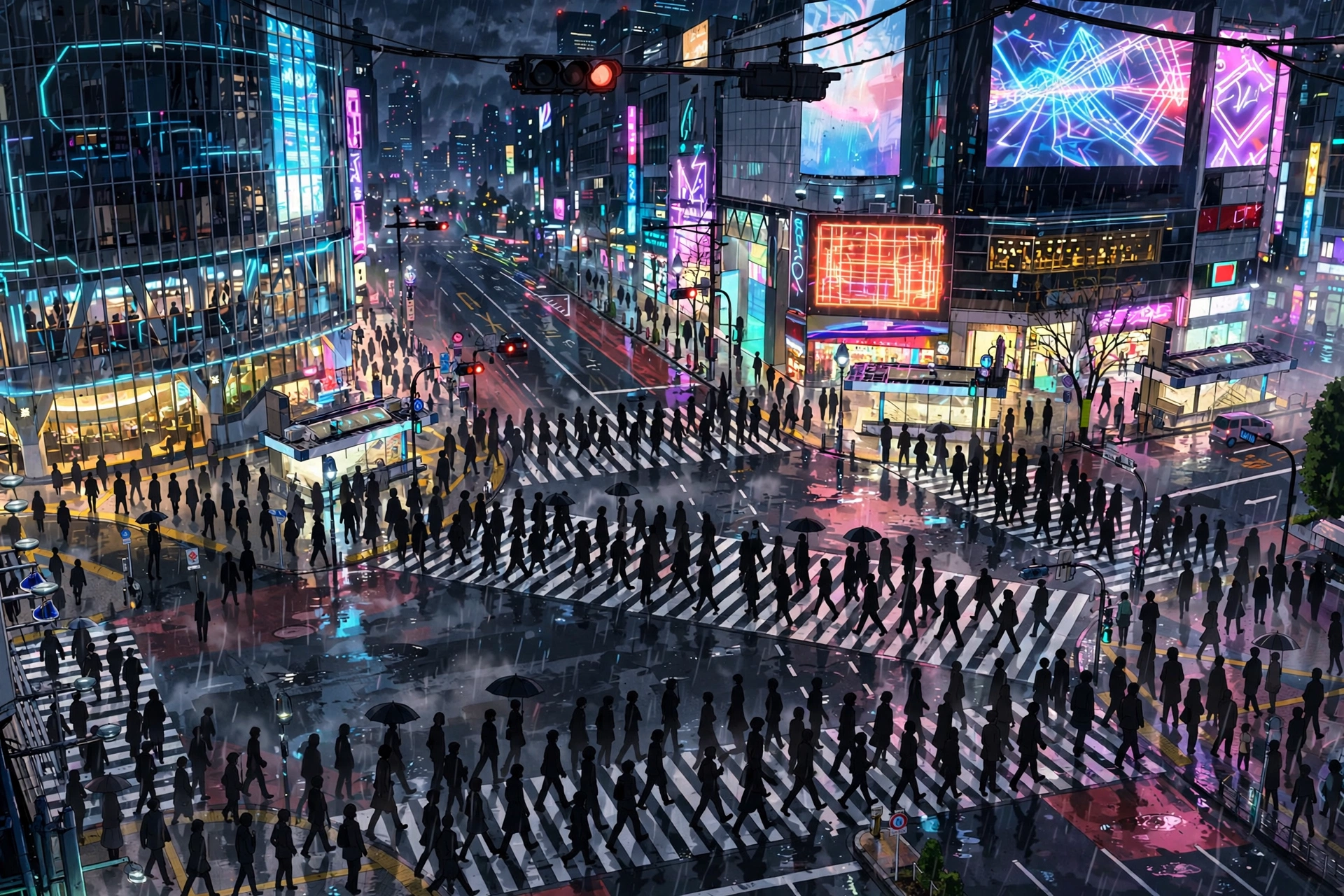 Cruce de Shibuya de noche estilo anime con luces de neón