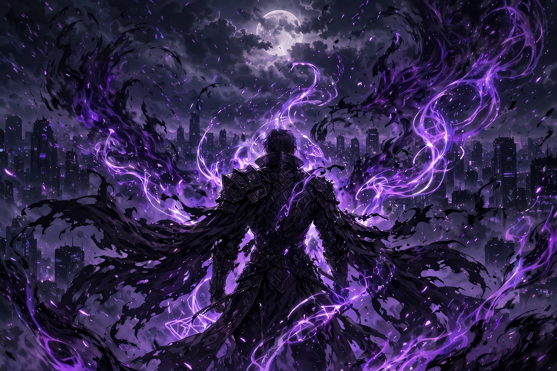Escena de anime oscuro con energía sobrenatural púrpura