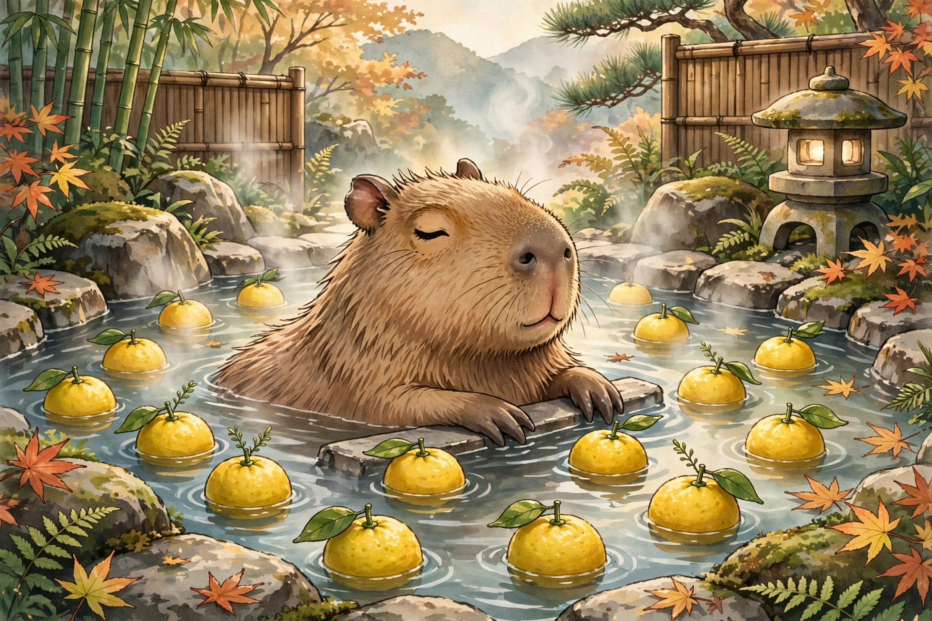Capibara relajado en un baño termal con frutas yuzu