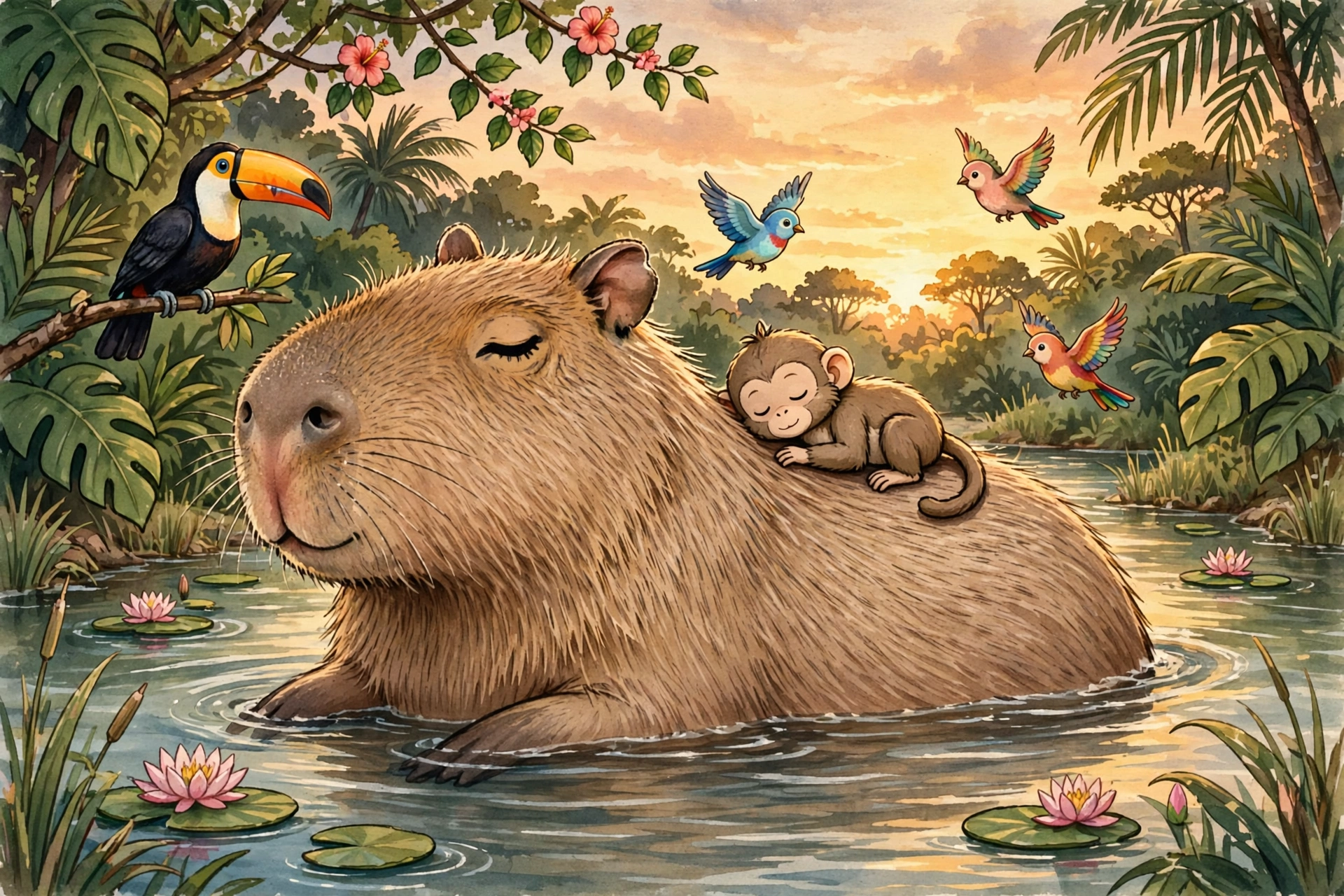 Capibara relajado en el agua con pájaros sobre su lomo