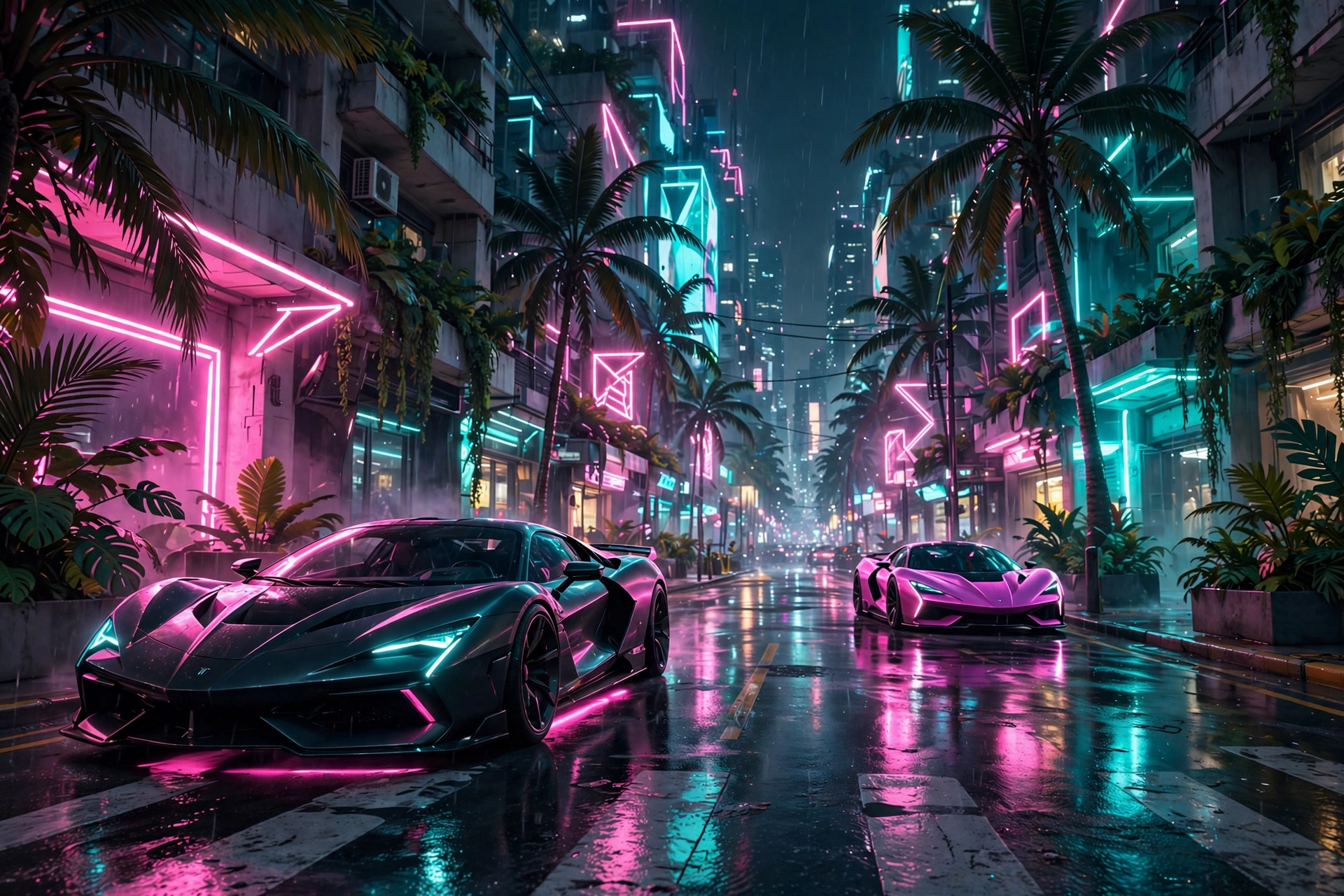 Arte conceptual de GTA 6 con la ciudad de Vice City iluminada de noche