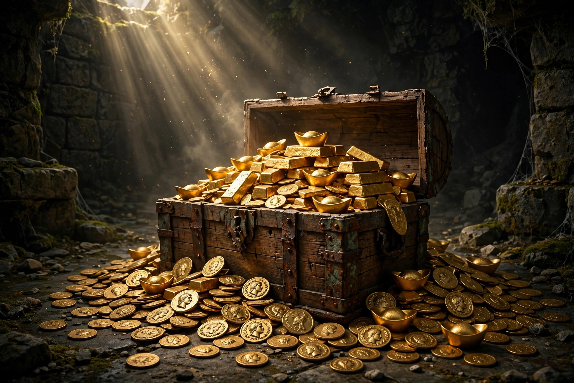 Manos sosteniendo monedas de oro de inversión sobre una mesa de madera