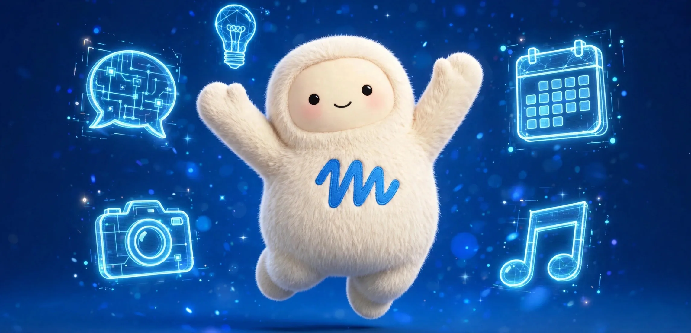 La mascota de Muse rodeada de iconos holográficos flotantes