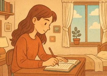 Ilustración de una joven escribiendo en un cuaderno en una habitación acogedora, imagen de Mundo Chido