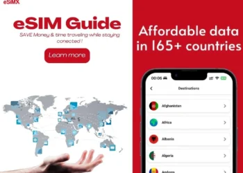 Banner que muestra el título 'eSIM Guide' con encabezado rojo y fondo transparente.