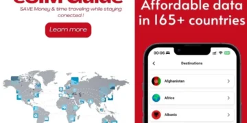 Banner que muestra el título 'eSIM Guide' con encabezado rojo y fondo transparente.