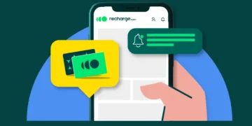 Gráfico de un teléfono inteligente con iconos de recarga y notificaciones representando la plataforma Recharge – Mundo Chido
