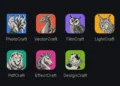 Iconos oficiales de las siete aplicaciones creativas de ArtCraft: PhotoCraft, VectorCraft, FilmCraft, LightCraft, PdfCraft, EffectCraft y DesignCraft