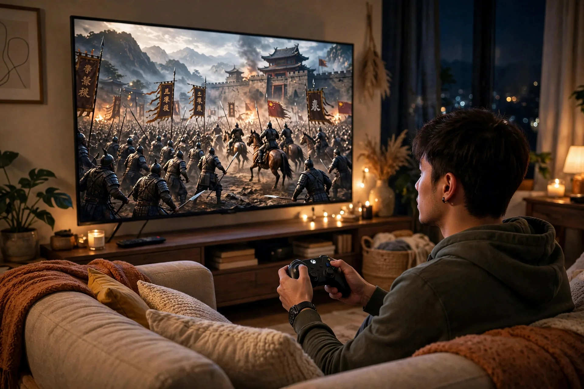 Jugador con mando ante un televisor con una batalla épica