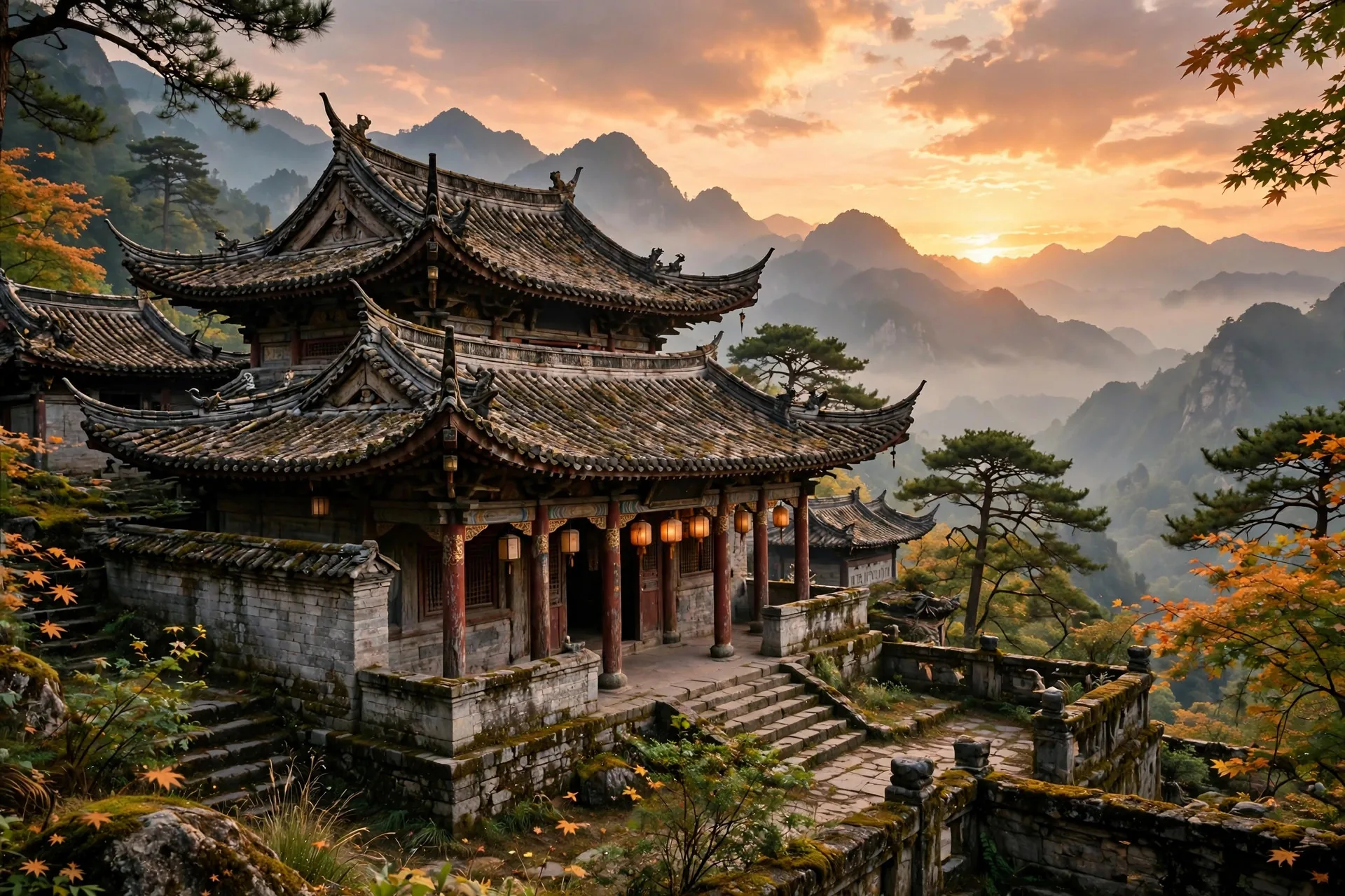 Templo chino tradicional con montañas al atardecer