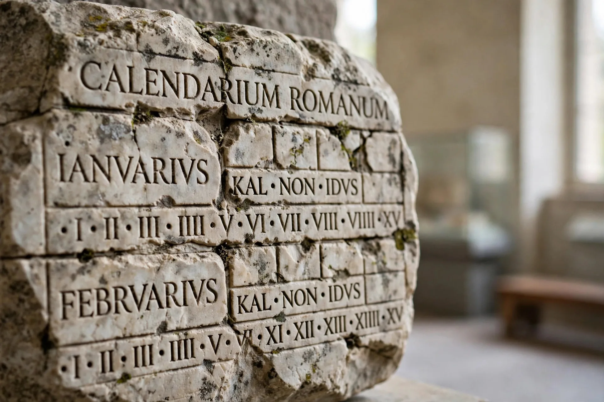 Calendario de piedra de la antigua Roma con inscripciones en latín