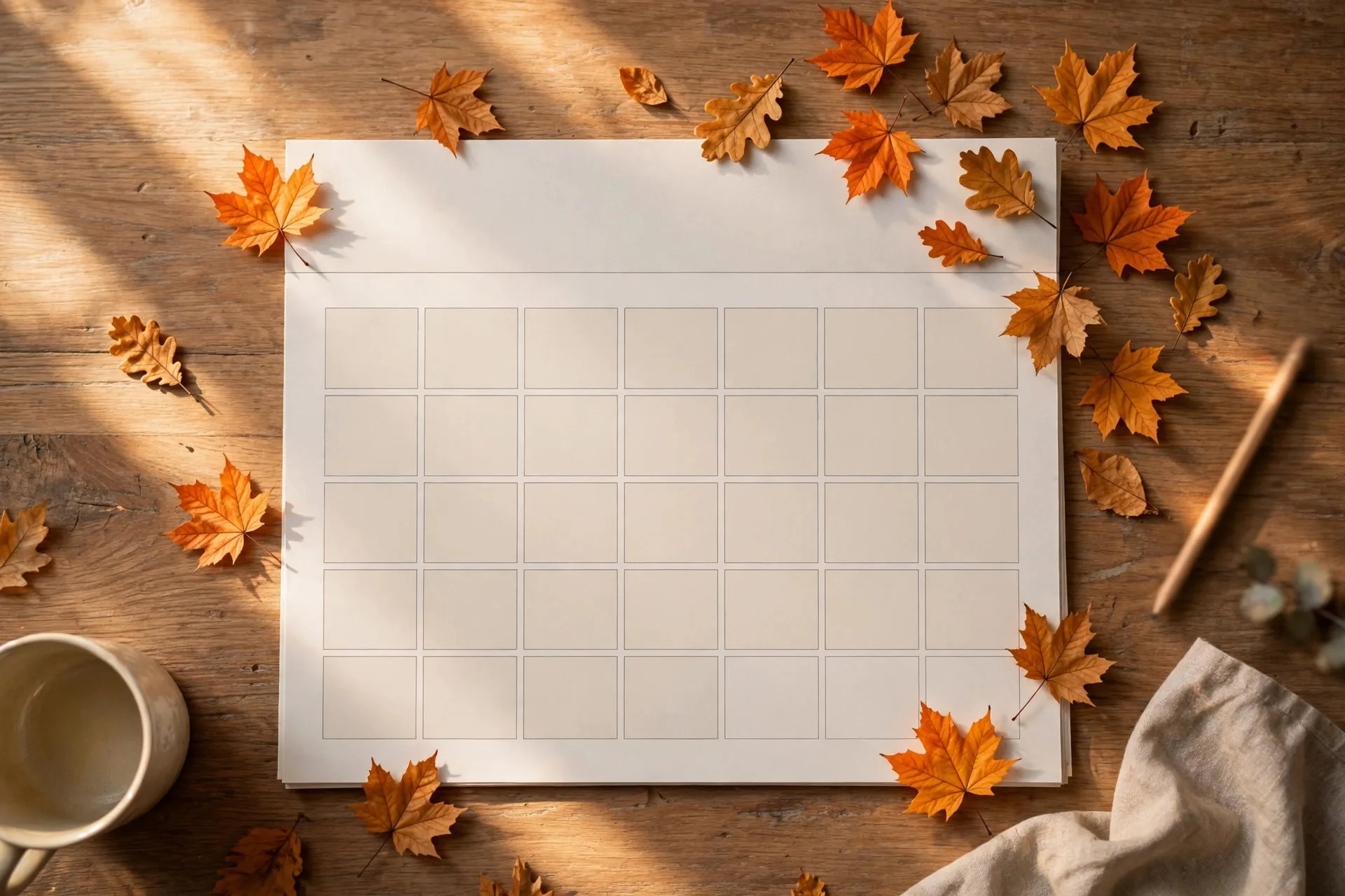 Página de calendario del mes de octubre con hojas de otoño