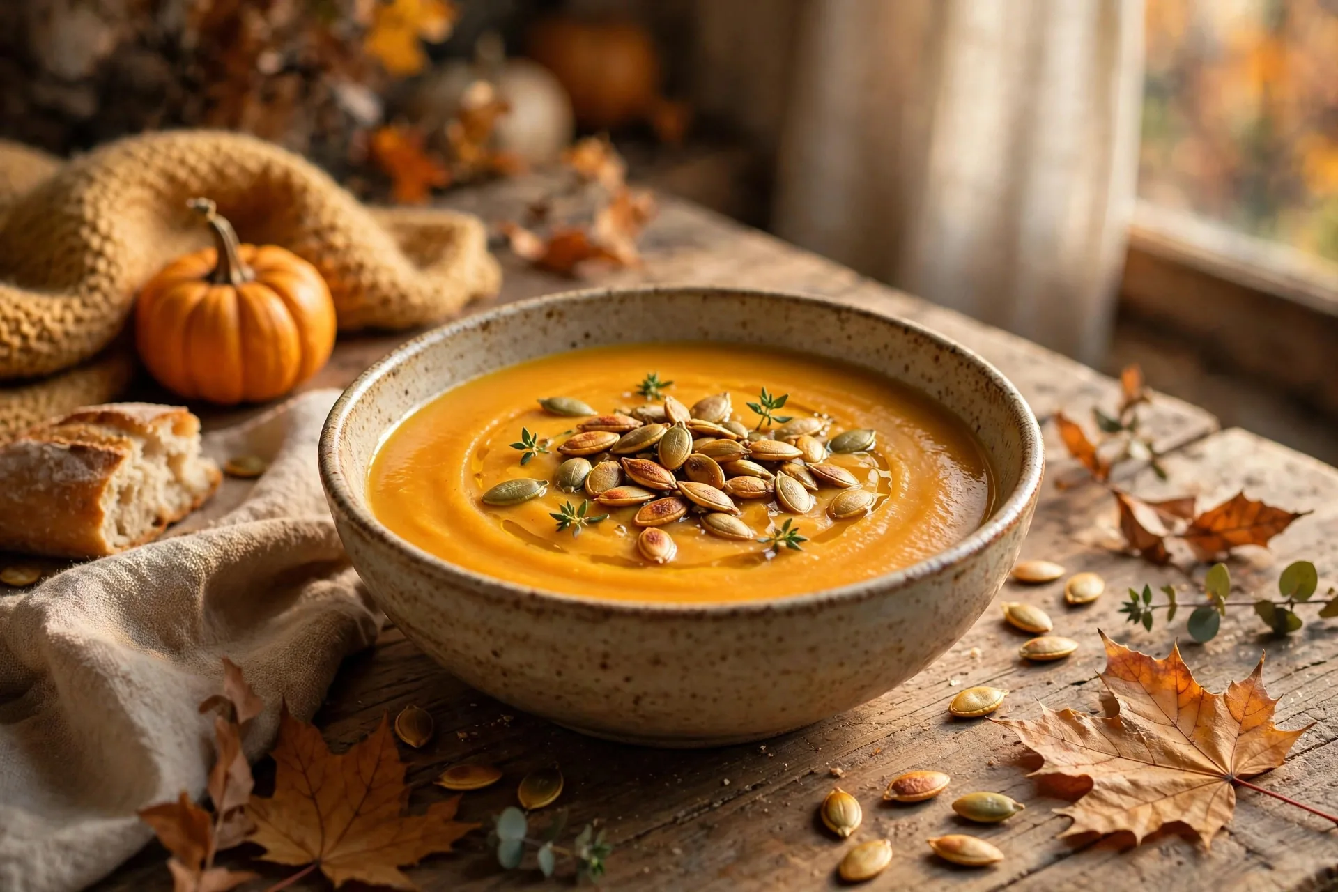 Tazón de crema de calabaza naranja con semillas
