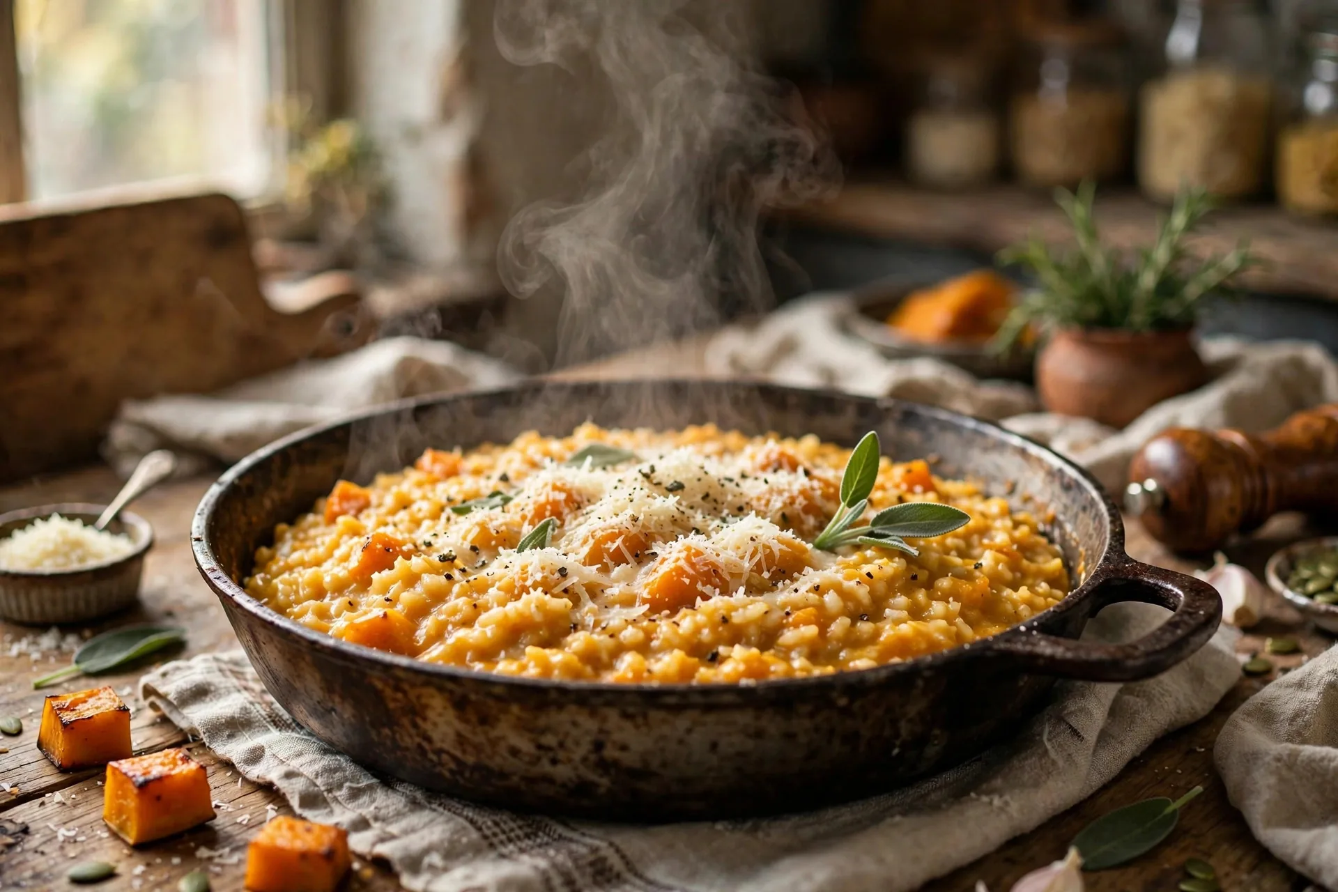 Risotto cremoso de calabaza en una sartén rústica
