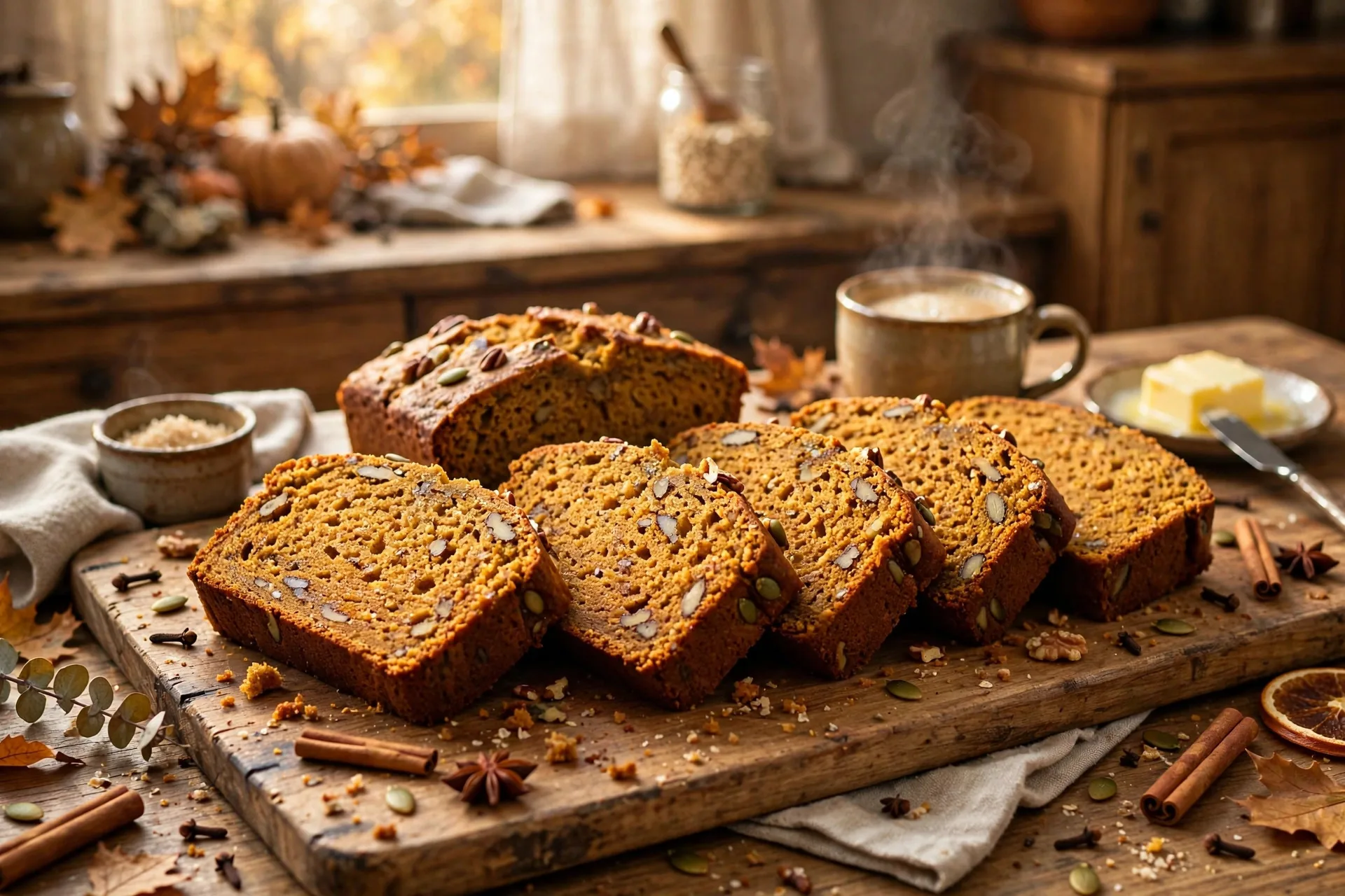 Rebanadas de pan de calabaza sobre tabla de madera