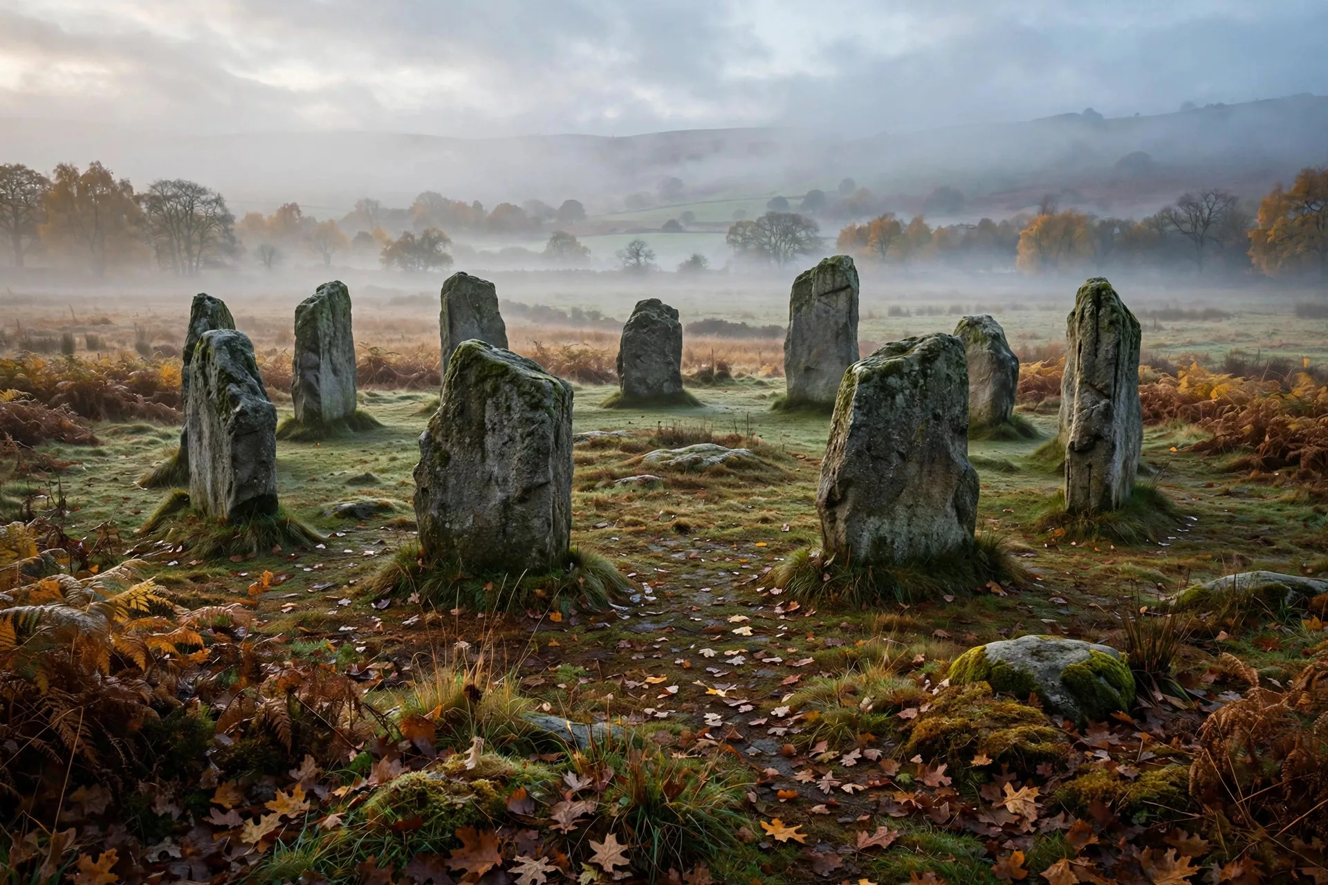 Antiguo círculo de piedras en un campo otoñal con niebla