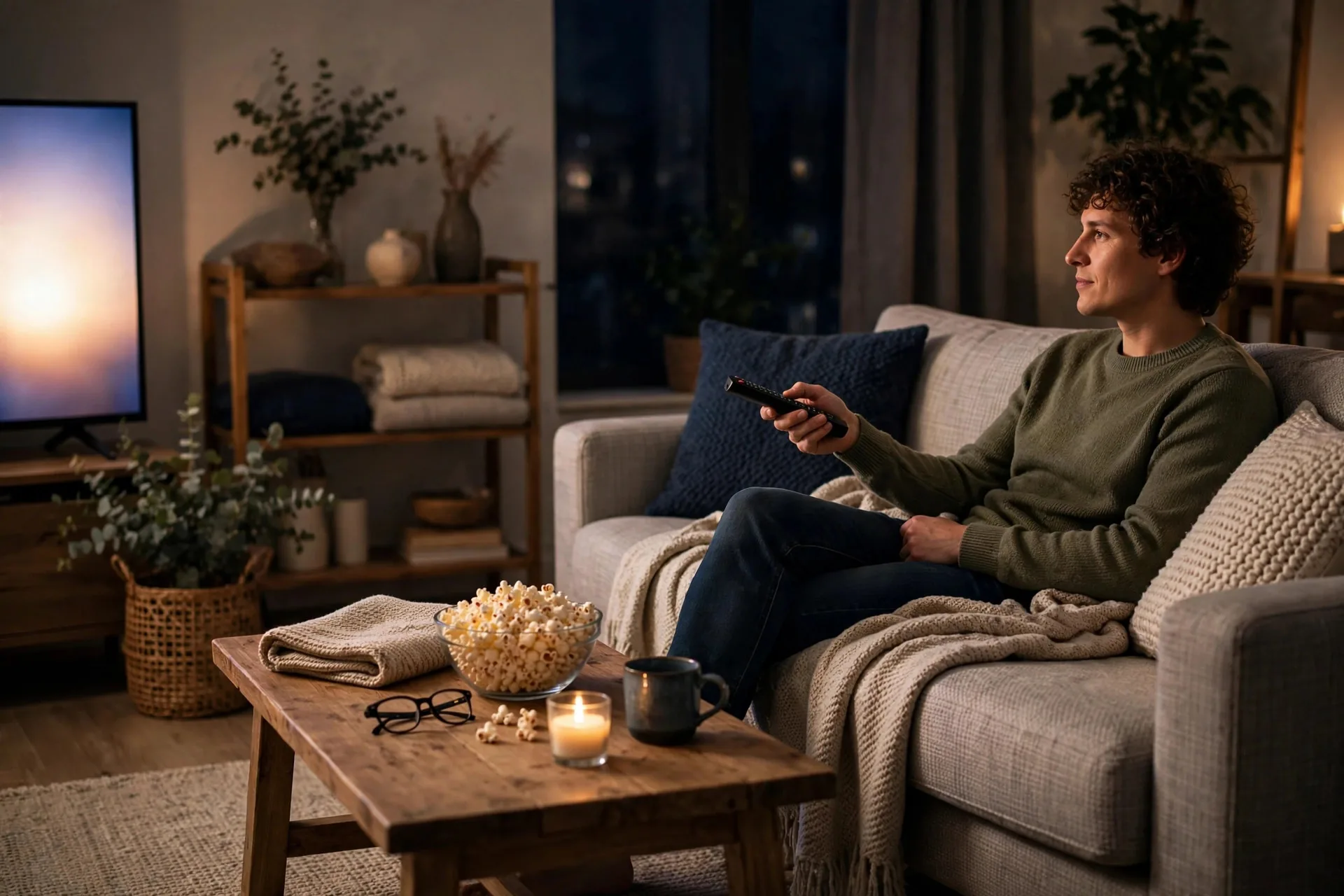 Persona en el sofá con mando a distancia y palomitas en noche de streaming