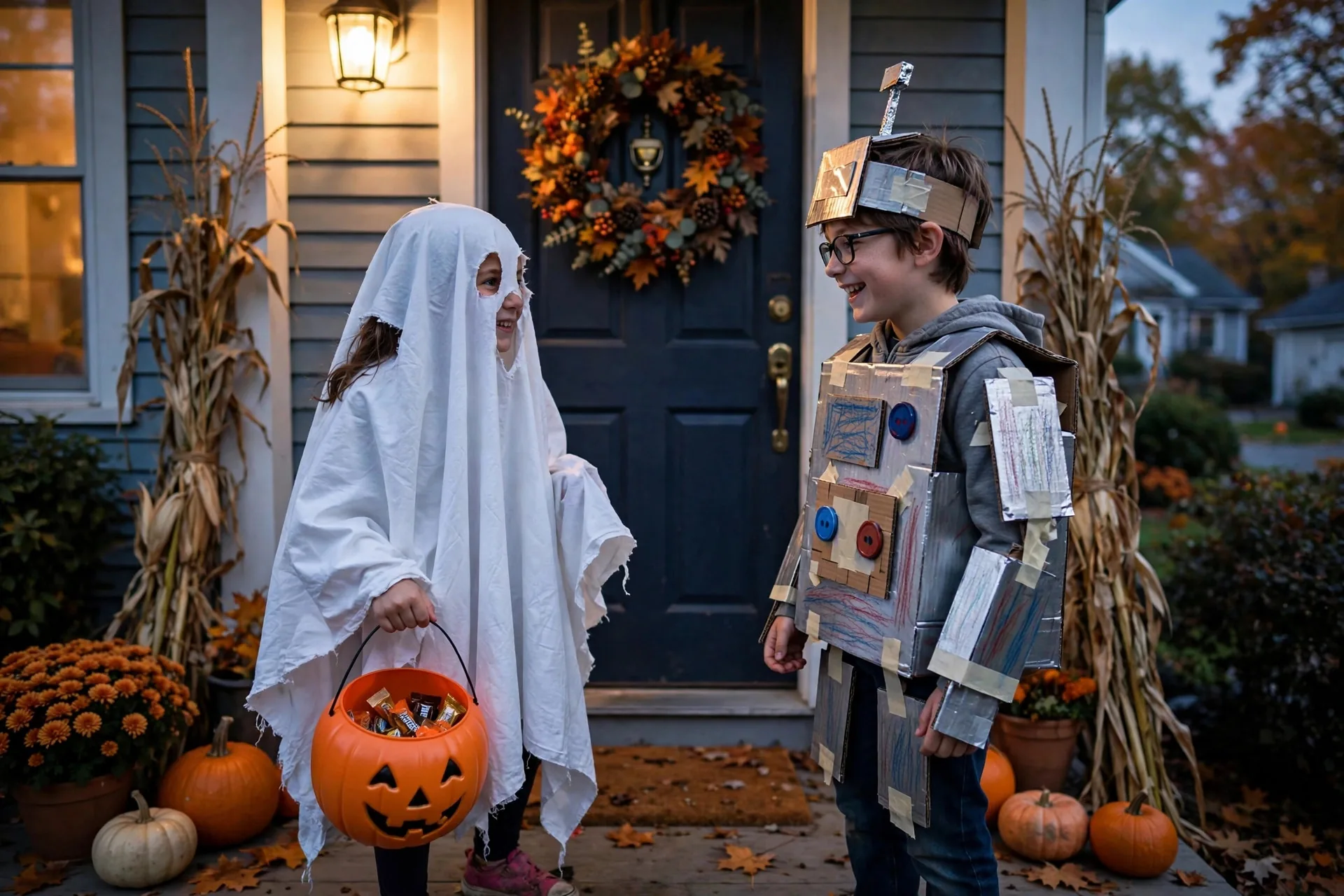Niños con disfraces caseros pidiendo caramelos en Halloween
