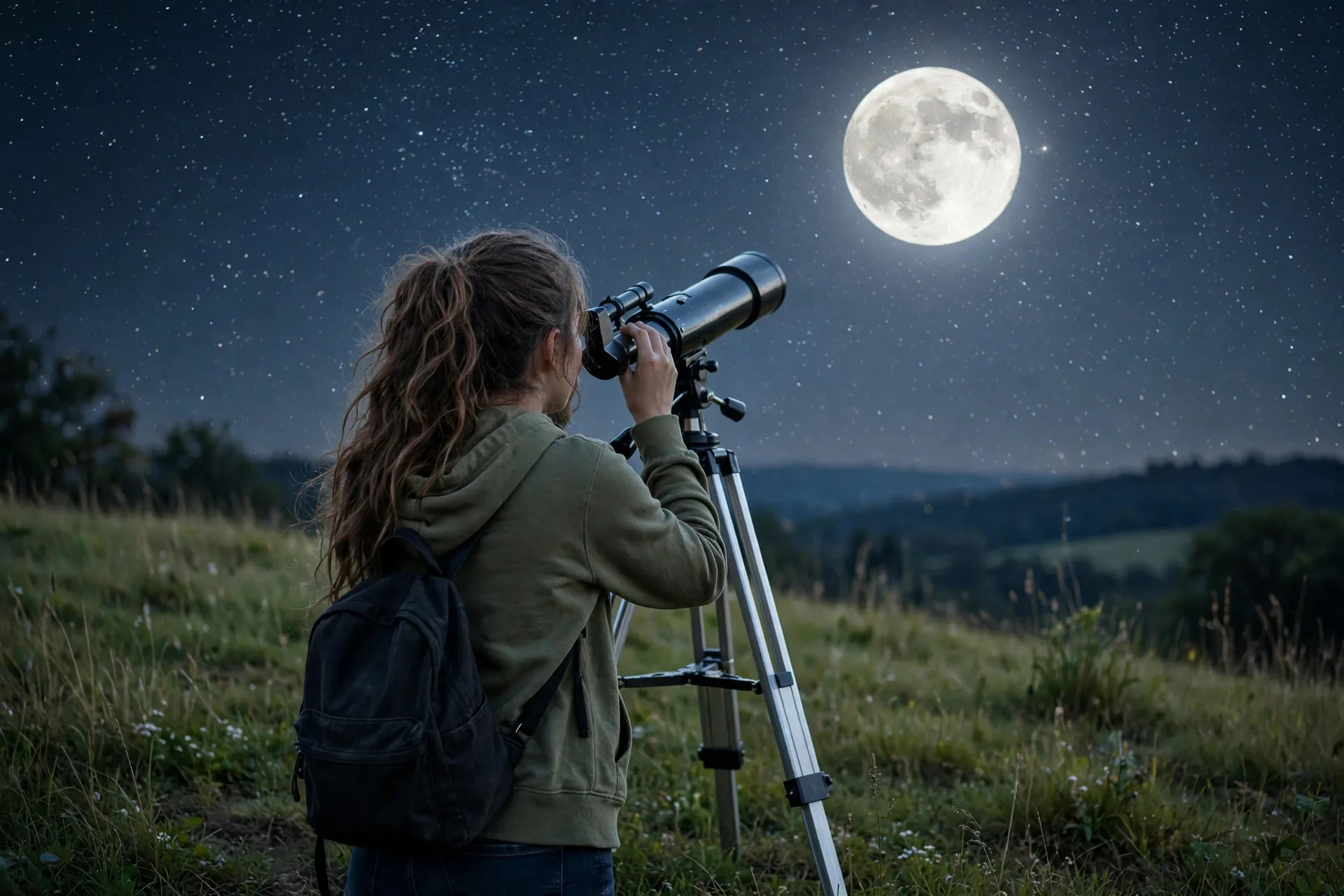 Mujer joven mirando la luna llena con un telescopio en una colina