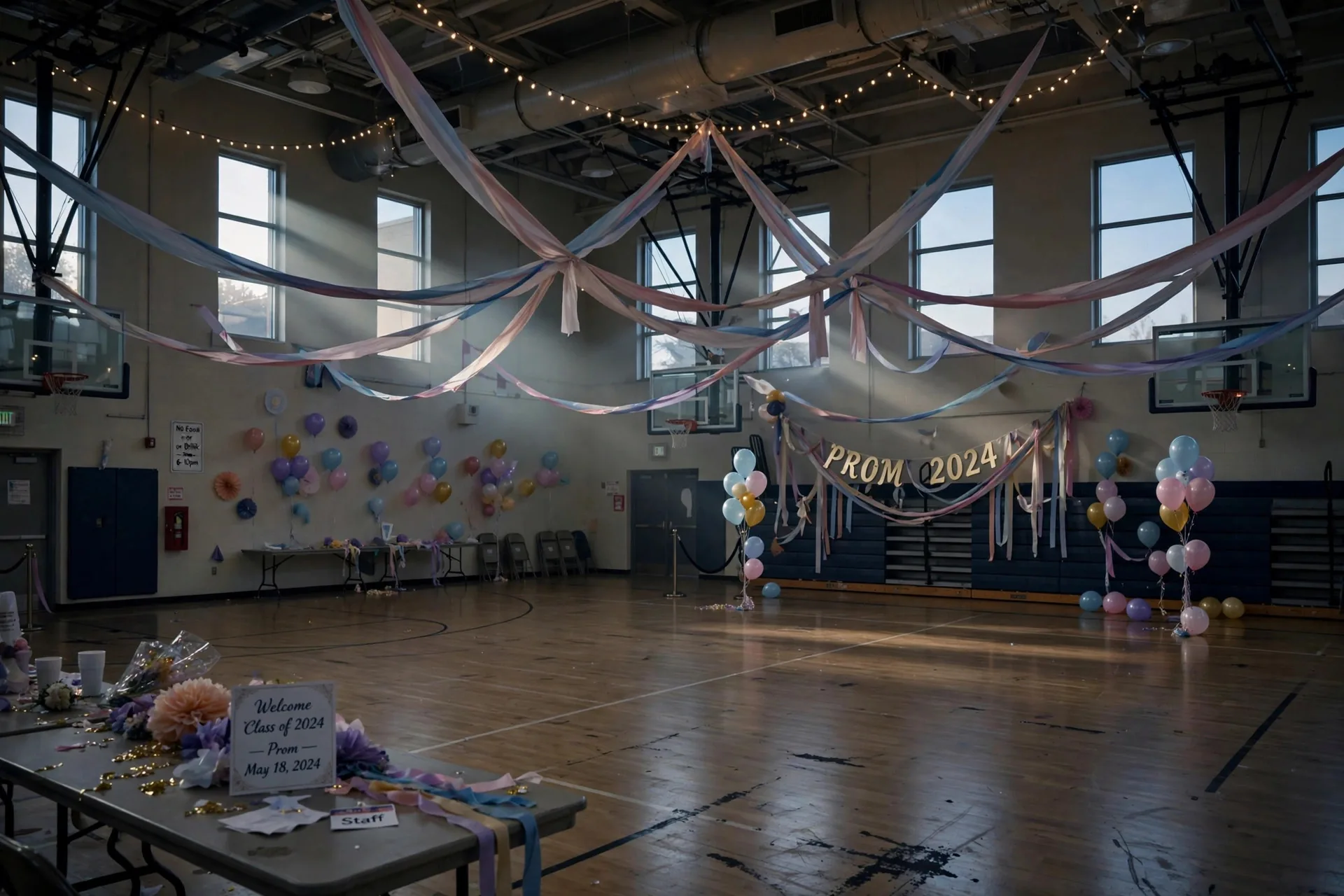 Gimnasio de instituto decorado para un baile de graduación, con globos y luces tenues, vacío