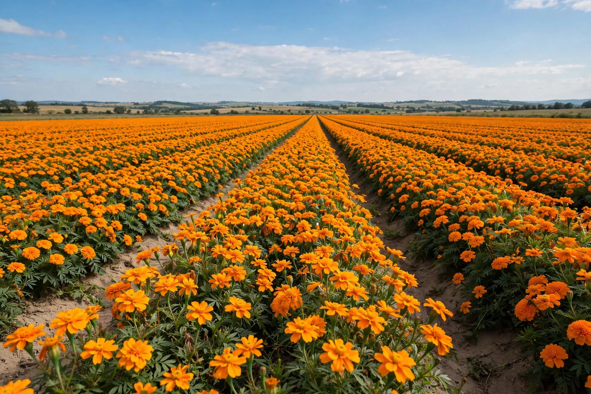 Campo extenso de flores de cempasúchil naranjas en plena floración al atardecer