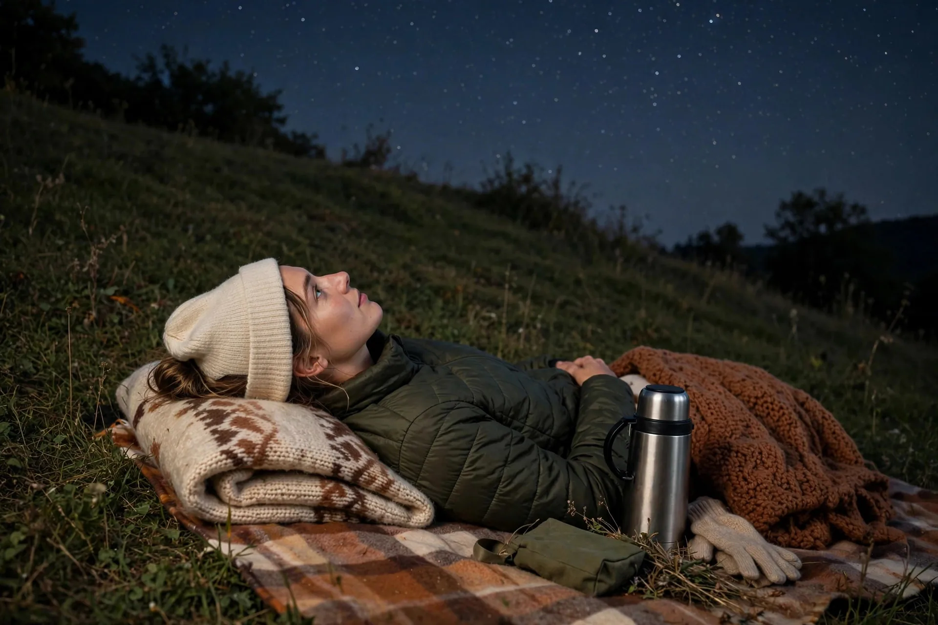 Persona observando el cielo nocturno junto a un telescopio en un campo abierto durante una lluvia de meteoros