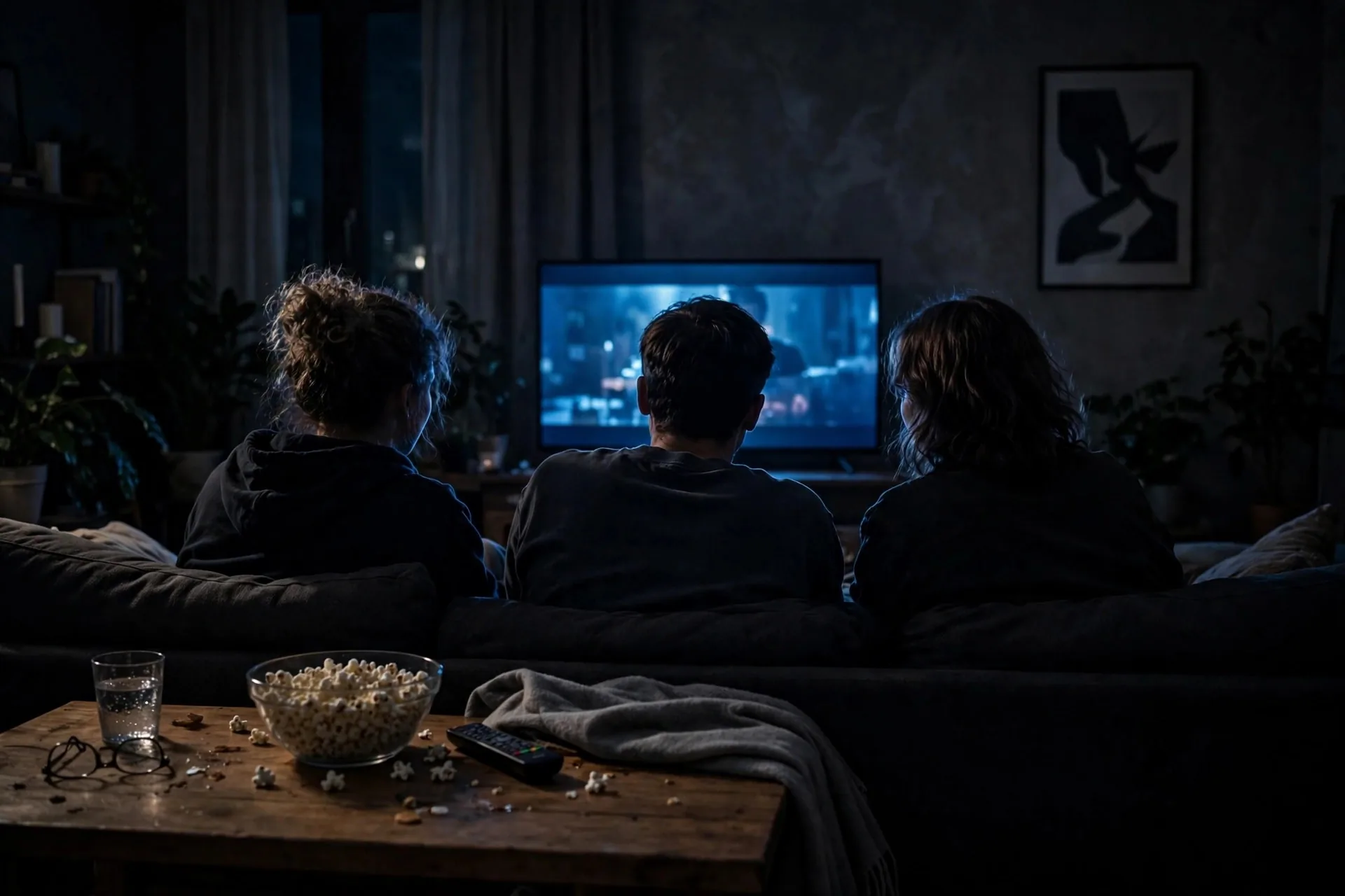 Grupo de amigos viendo una película en un sofá de noche, uno tapándose los ojos con una manta