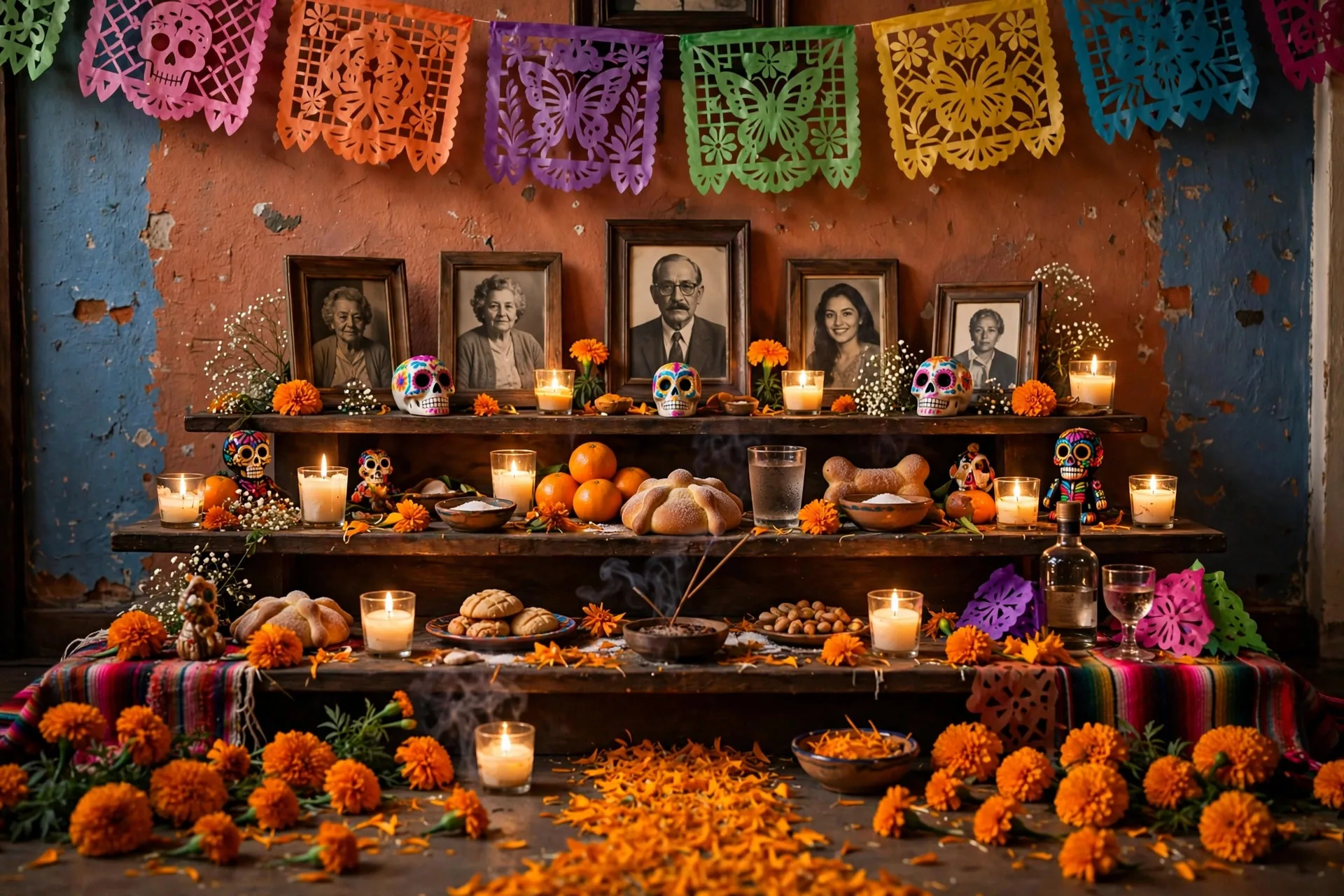 Ofrenda tradicional mexicana de Día de Muertos con varios niveles, fotografías, veladoras y flores