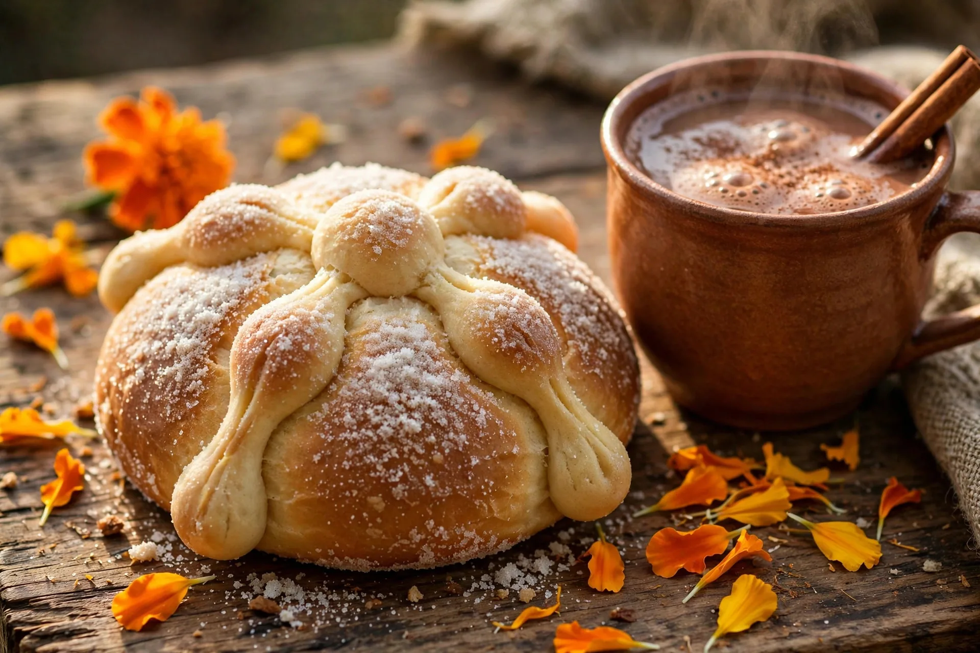 Pan de muerto espolvoreado con azúcar junto a calaveras de azúcar decoradas de colores
