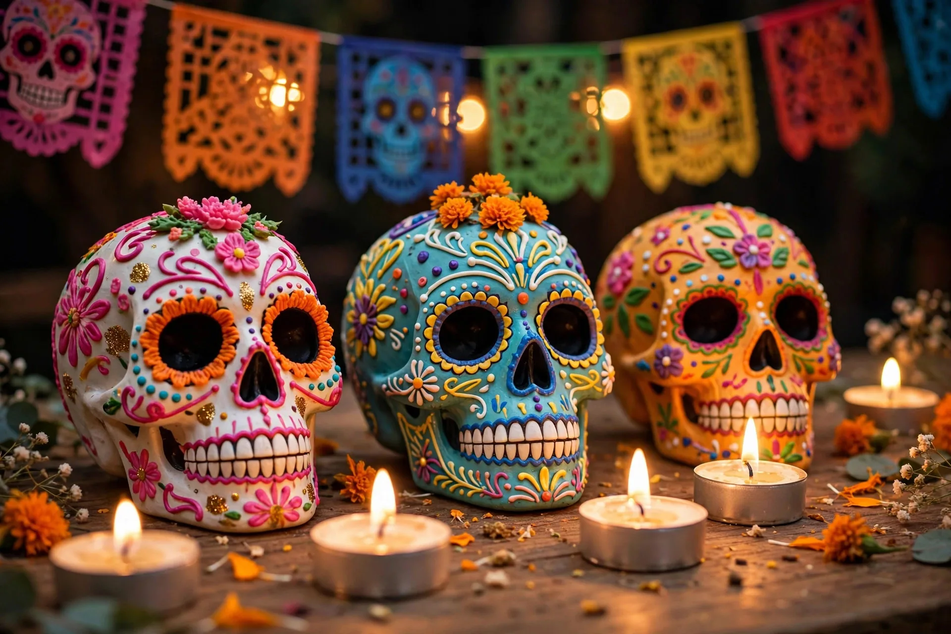 Veladoras encendidas y copal humeante en un altar de Día de Muertos en penumbra
