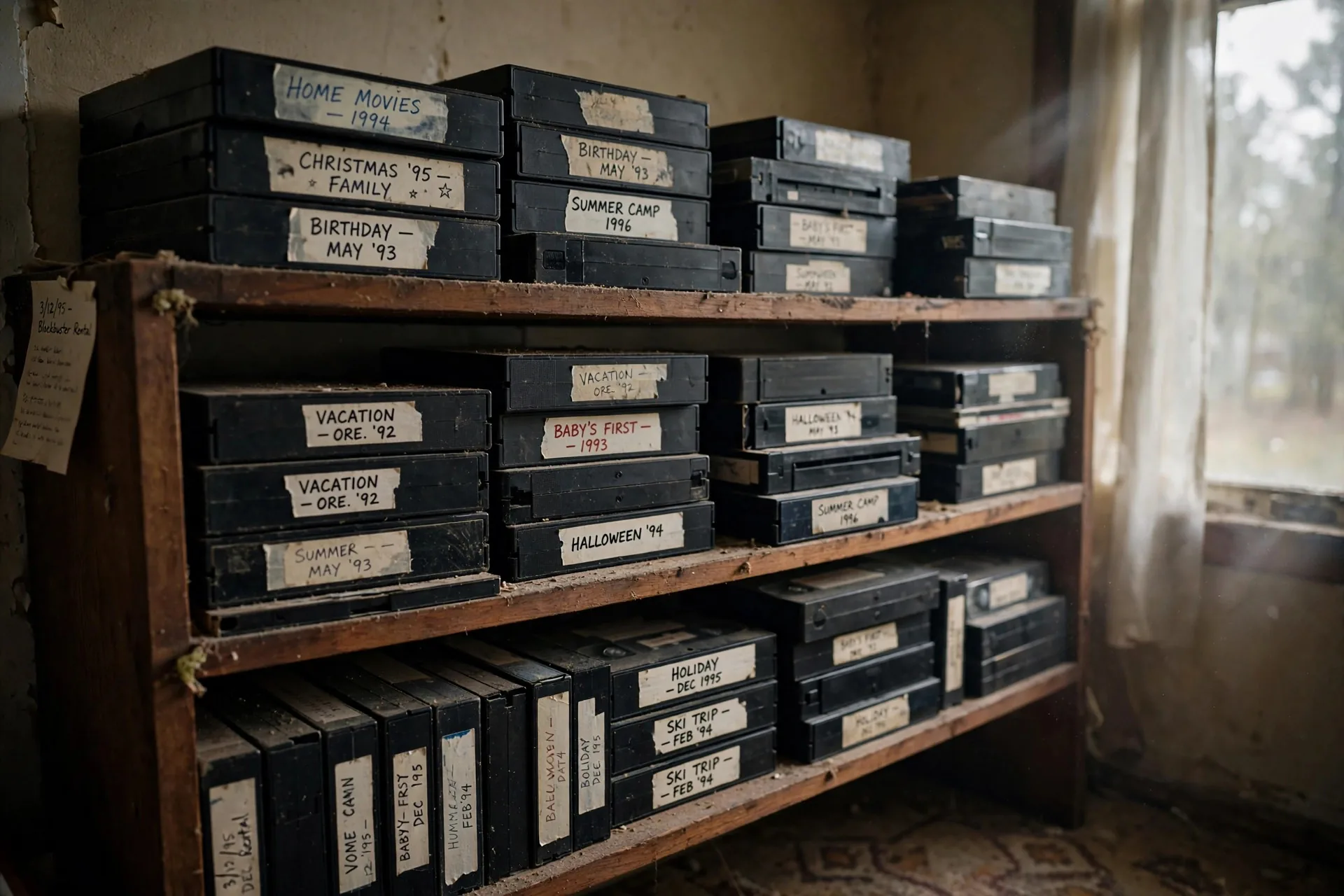 Pila de cintas de video VHS antiguas con etiquetas manuscritas, sobre una mesa de madera