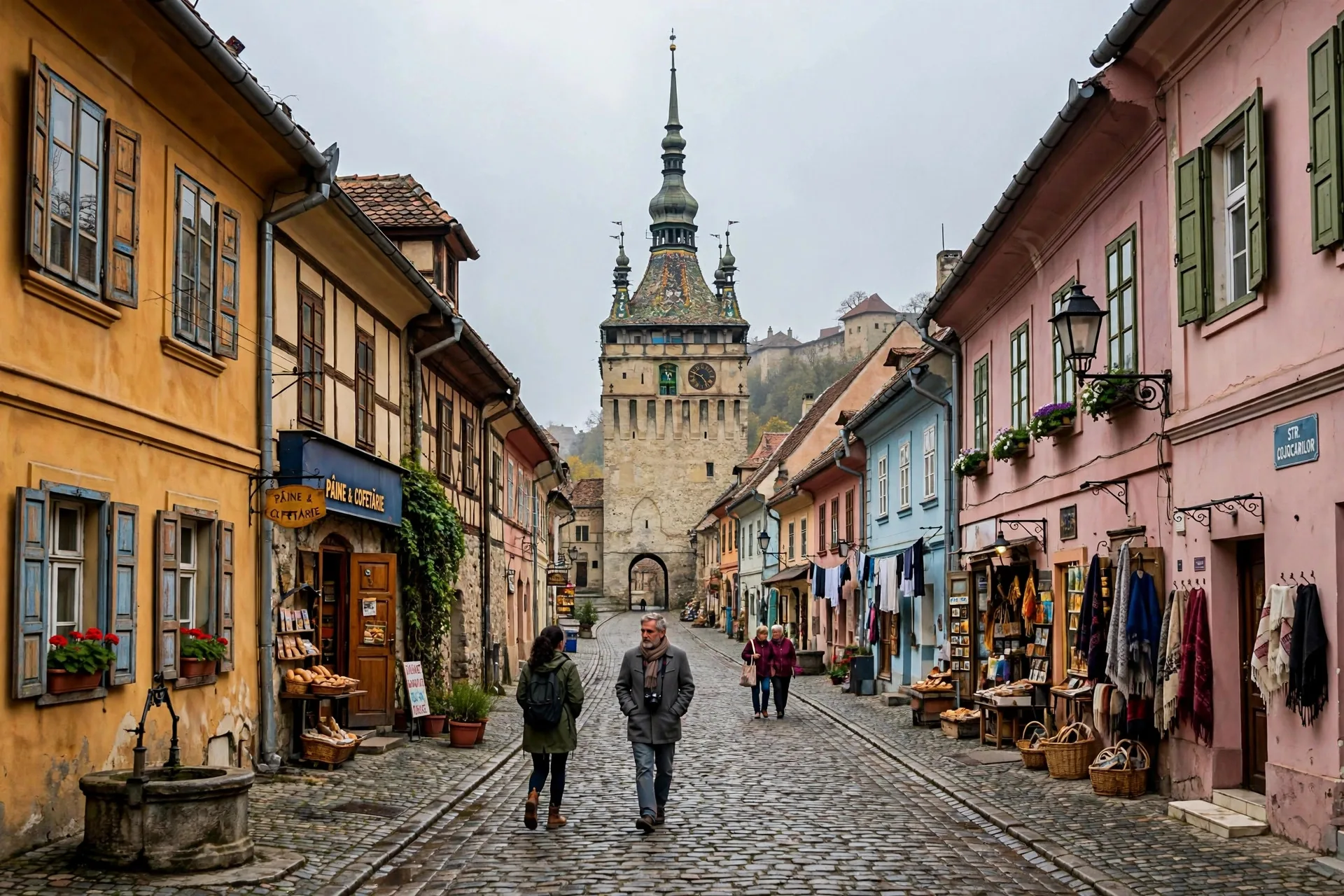 Calle empedrada del casco antiguo de Sighișoara, Rumania, con casas medievales de colores y la torre del reloj