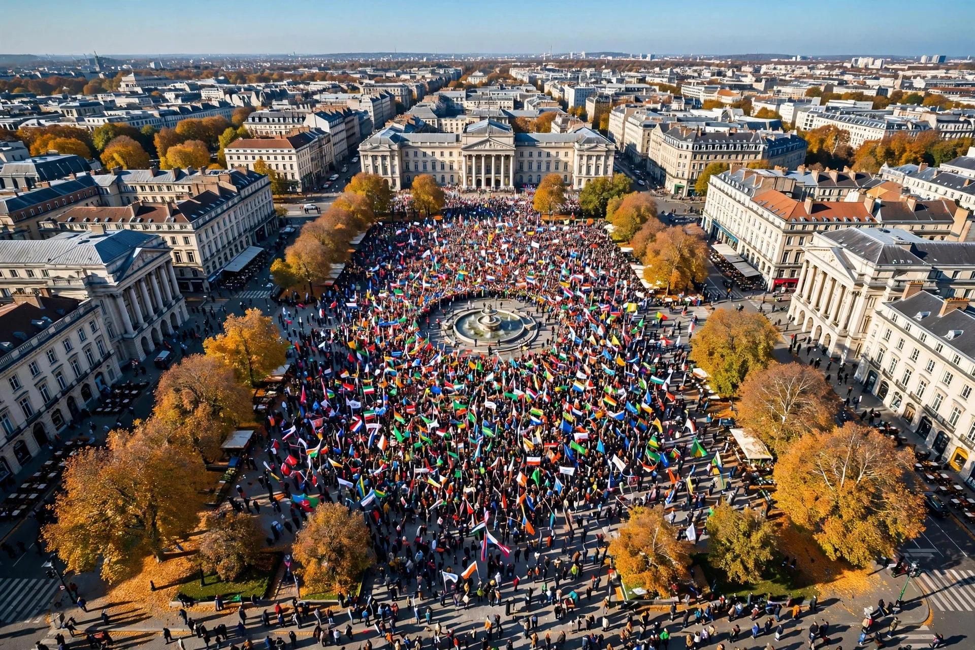 Vista aérea de una plaza llena de gente celebrando con banderas en América Latina