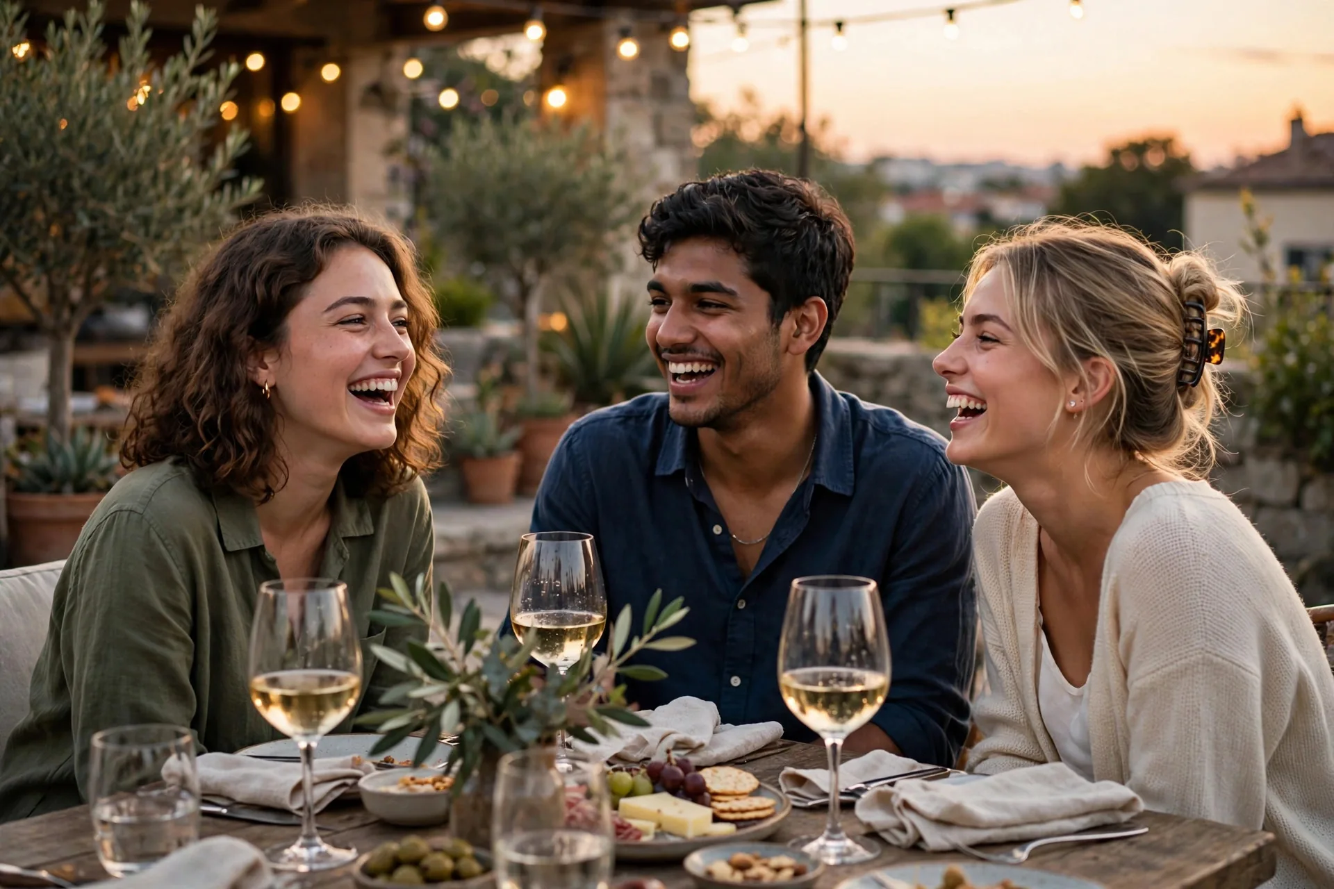 Tres amigos jóvenes riendo juntos en una cena al aire libre al atardecer
