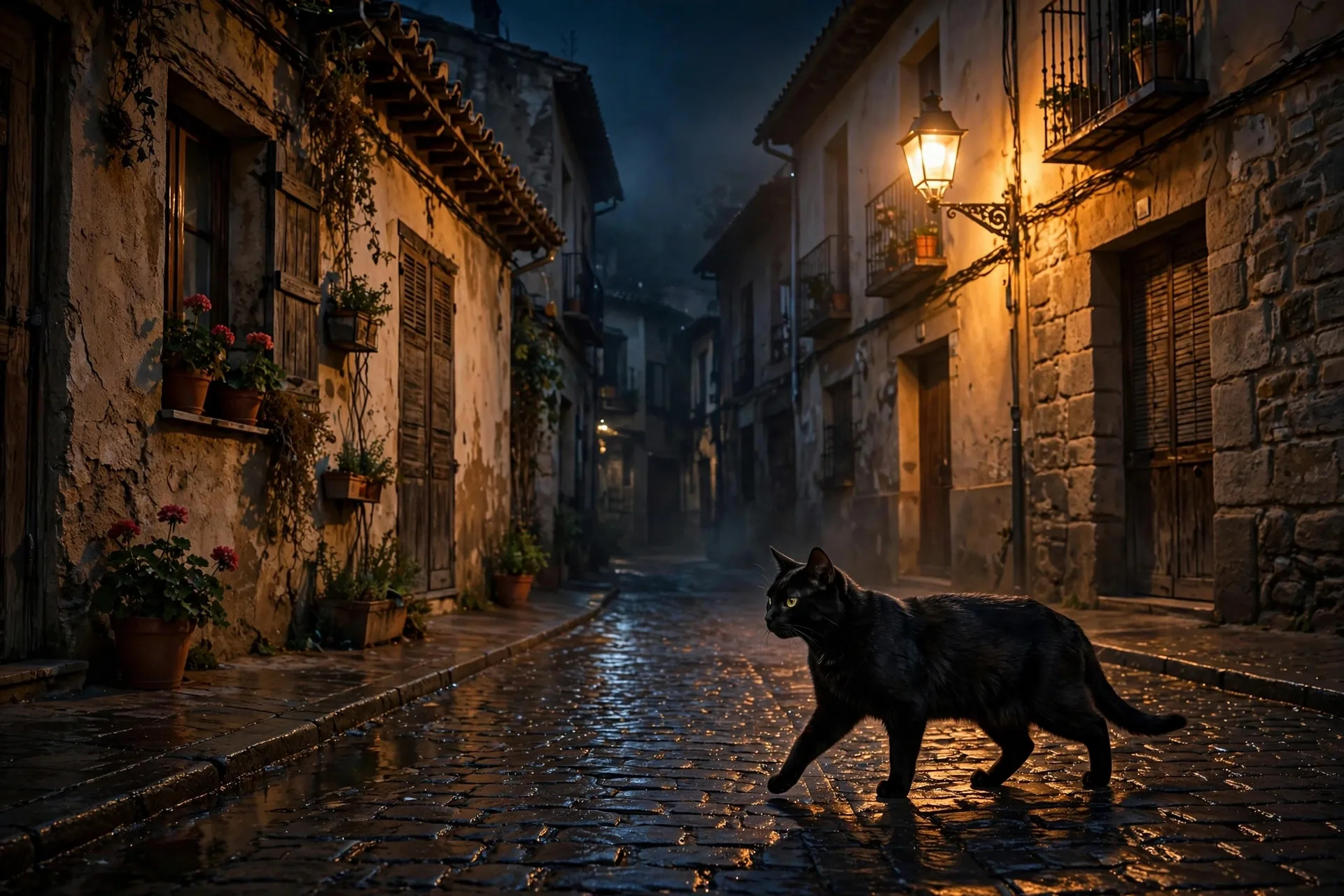 Gato negro cruzando una calle empedrada española de noche bajo una farola