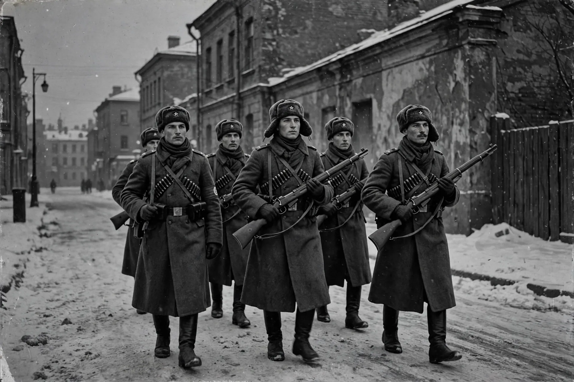 Soldados de la Guardia Roja marchando por las calles nevadas de Petrogrado durante la Revolución de Octubre de 1917