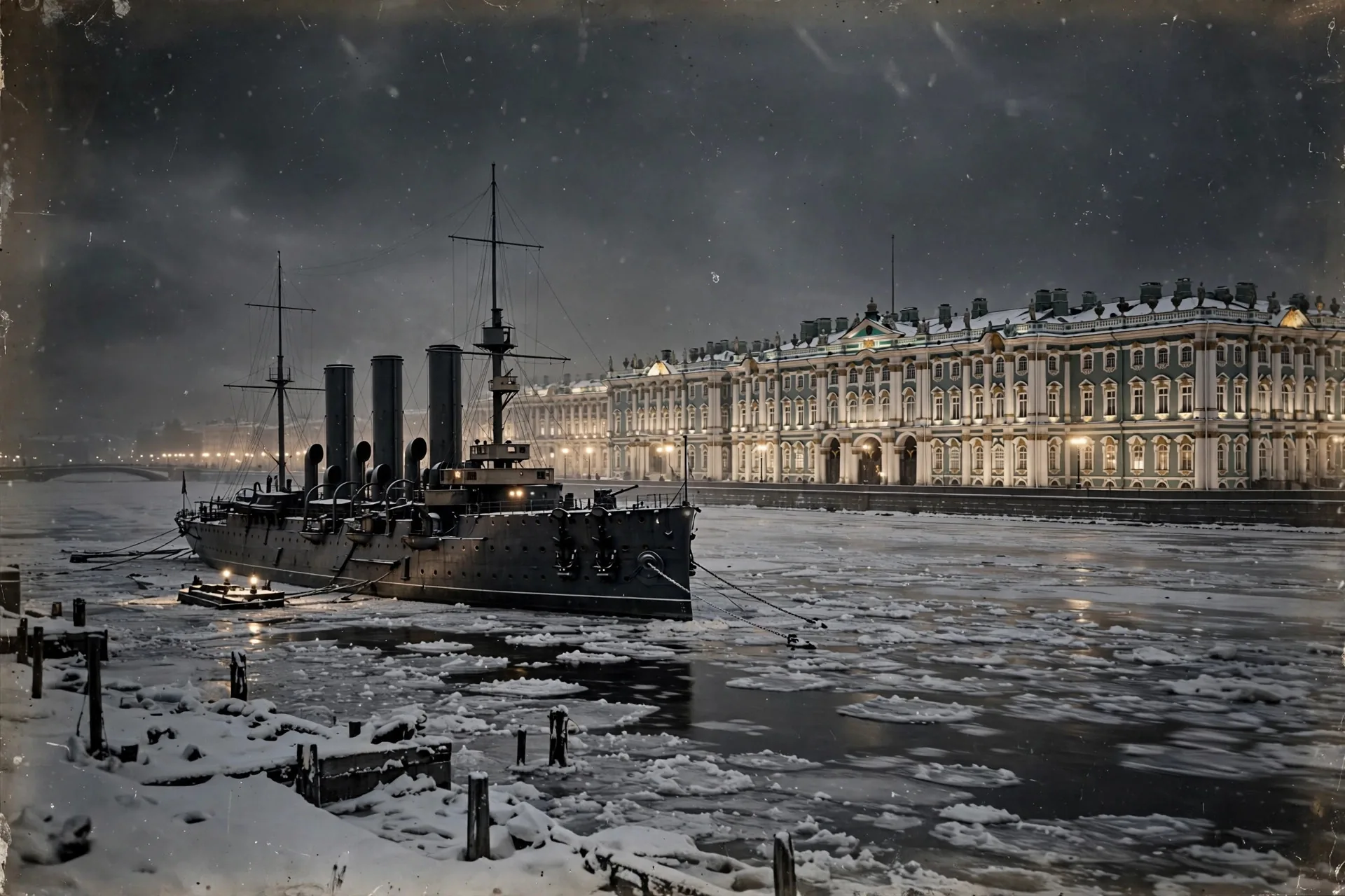 El Palacio de Invierno en San Petersburgo de noche con el crucero Aurora anclado en el río Neva