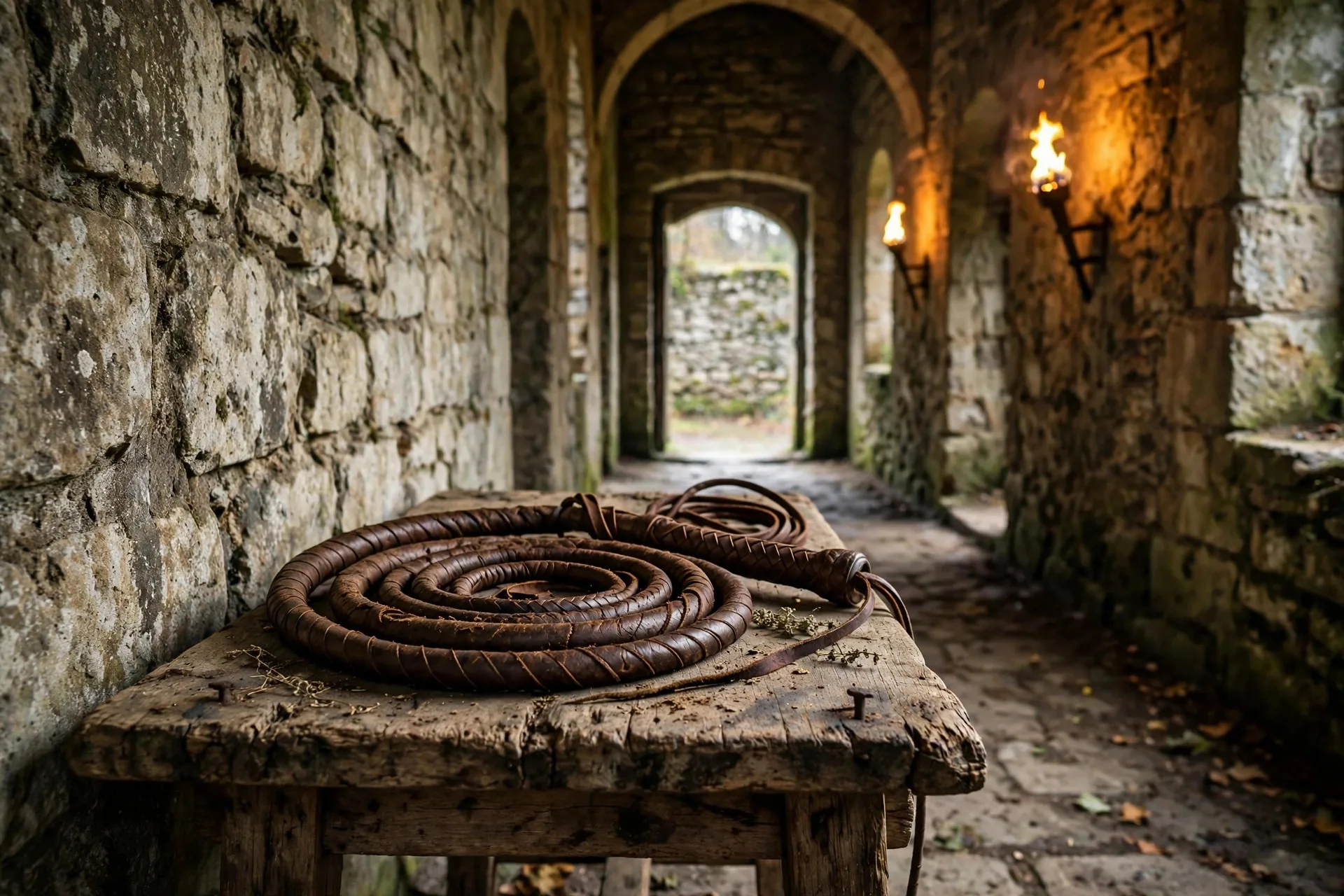 Látigo de cuero enrollado sobre una mesa de madera en un pasillo medieval