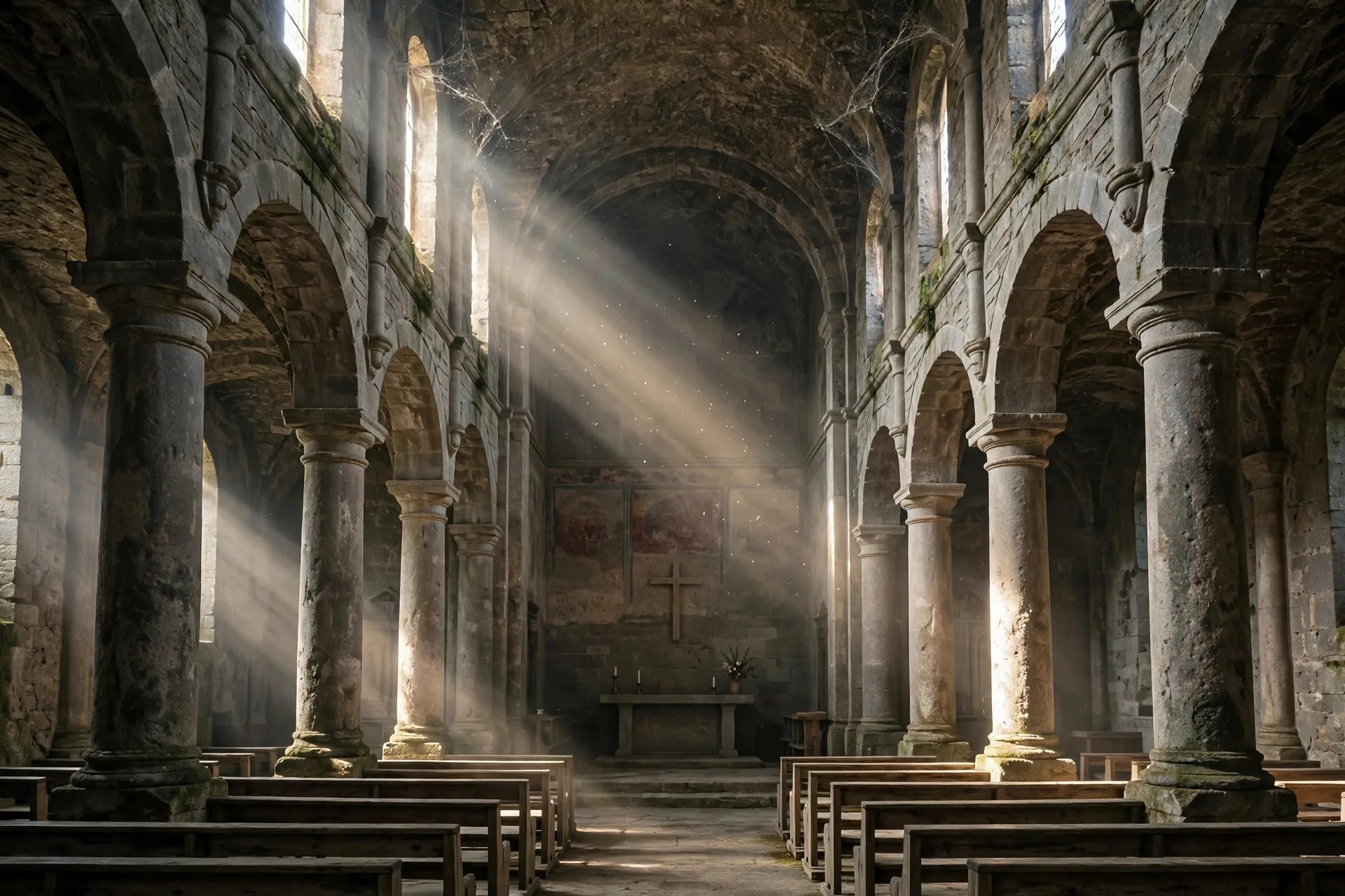 Interior de una iglesia antigua de piedra con columnas y rayos de luz